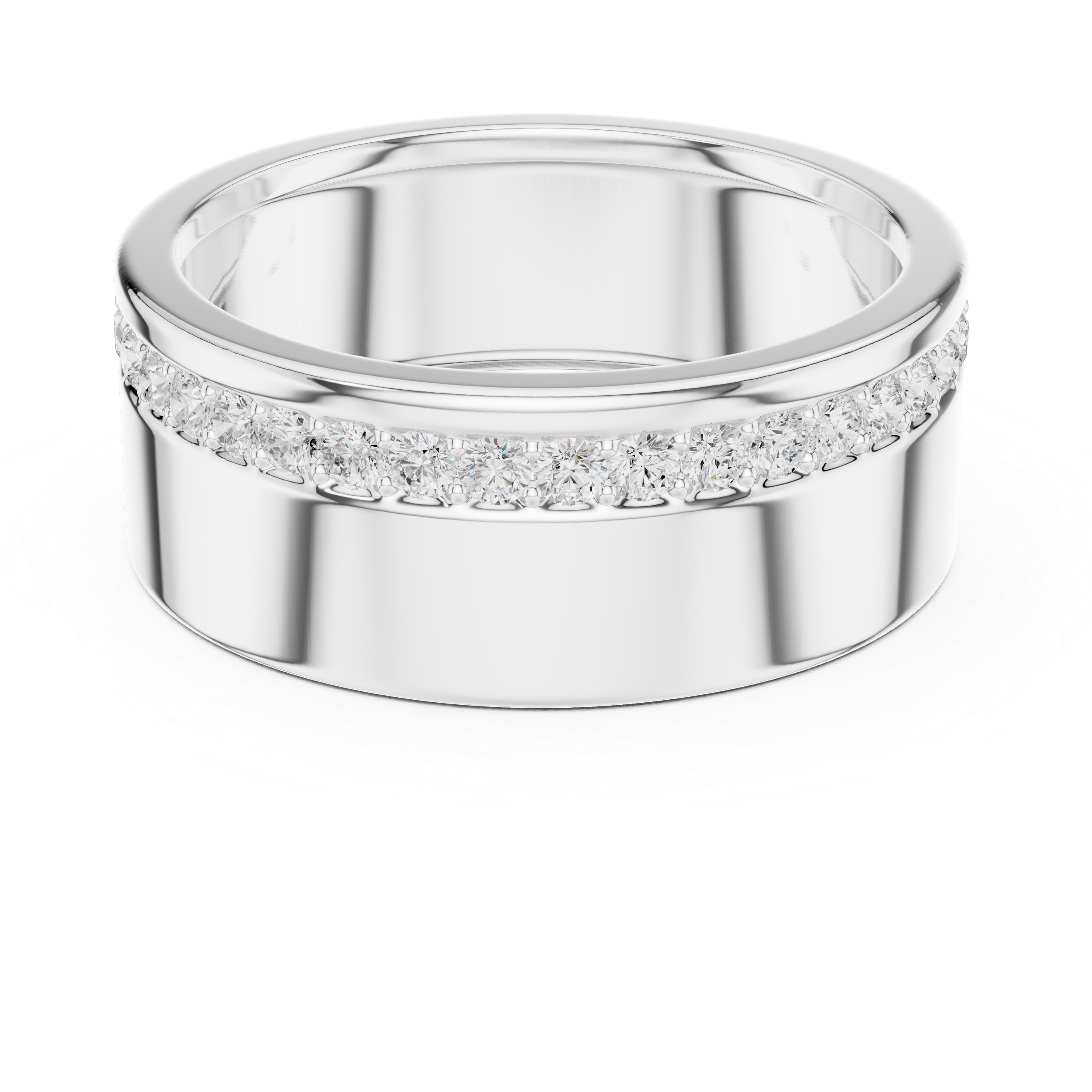 Men's wide polished silver band ring with single eternity row of pavé diamonds and raised edge detailing