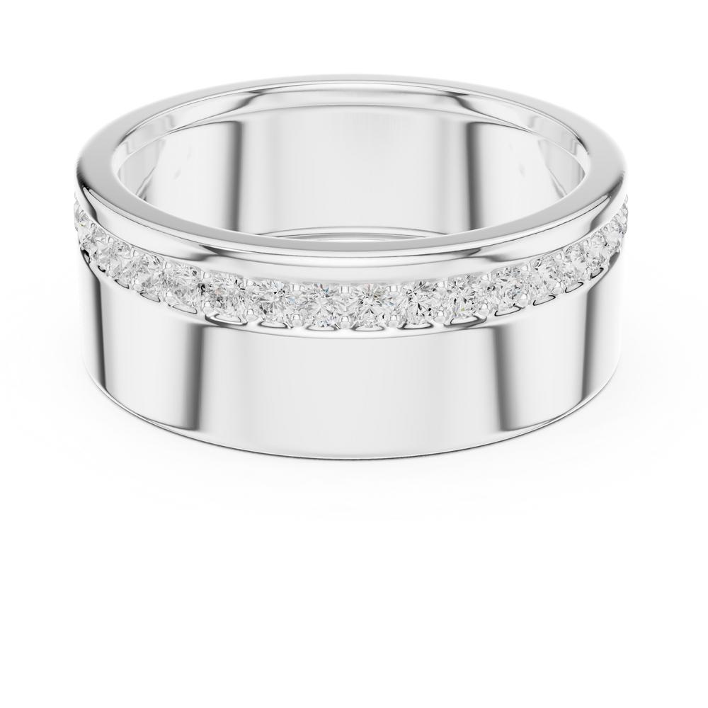 Men's wide polished silver band ring with single eternity row of pavé diamonds and raised edge detailing
