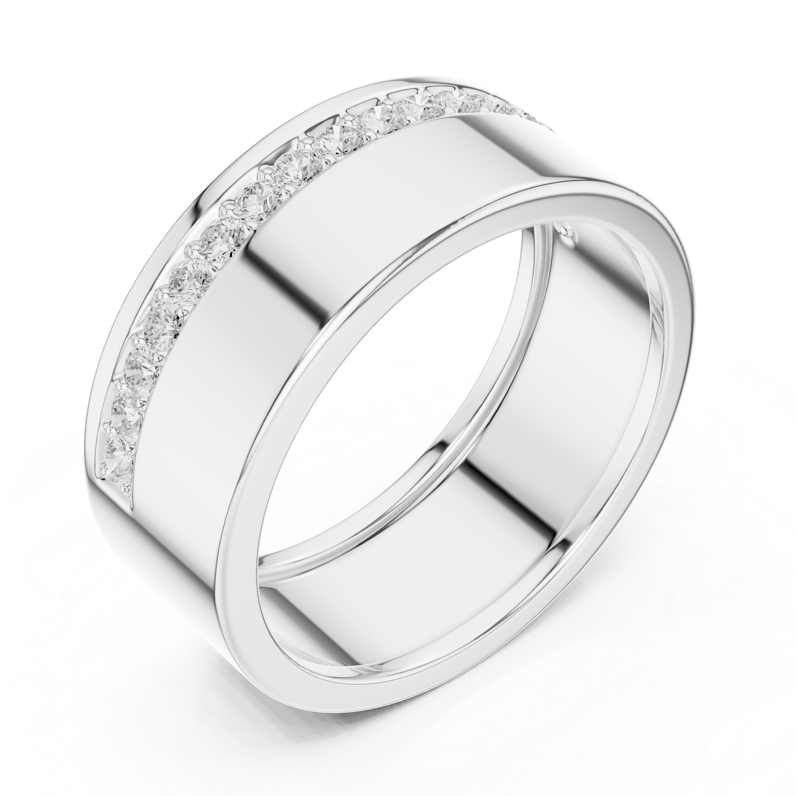 Men's wide polished silver band ring with single eternity row of pavé diamonds and raised edge detailing