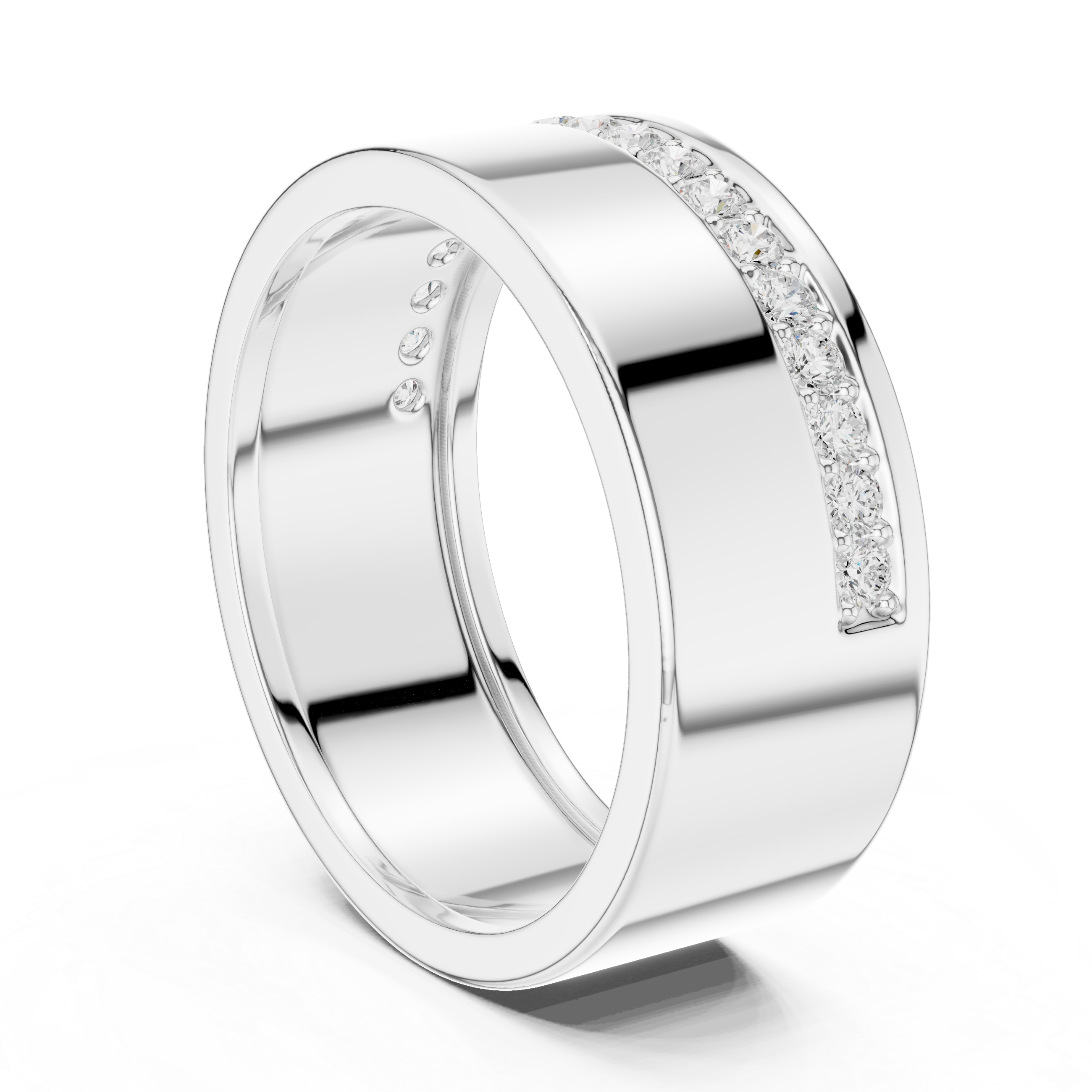 Men's wide polished silver band ring with single eternity row of pavé diamonds and raised edge detailing