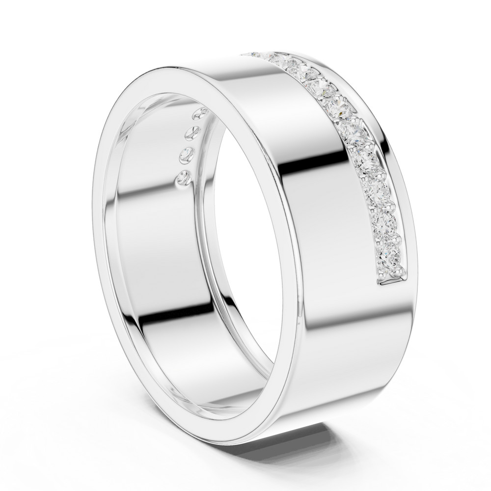 Men's wide polished silver band ring with single eternity row of pavé diamonds and raised edge detailing