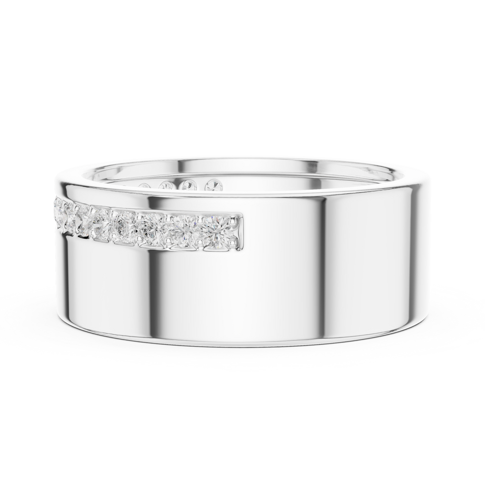Men's wide polished silver band ring with single eternity row of pavé diamonds and raised edge detailing