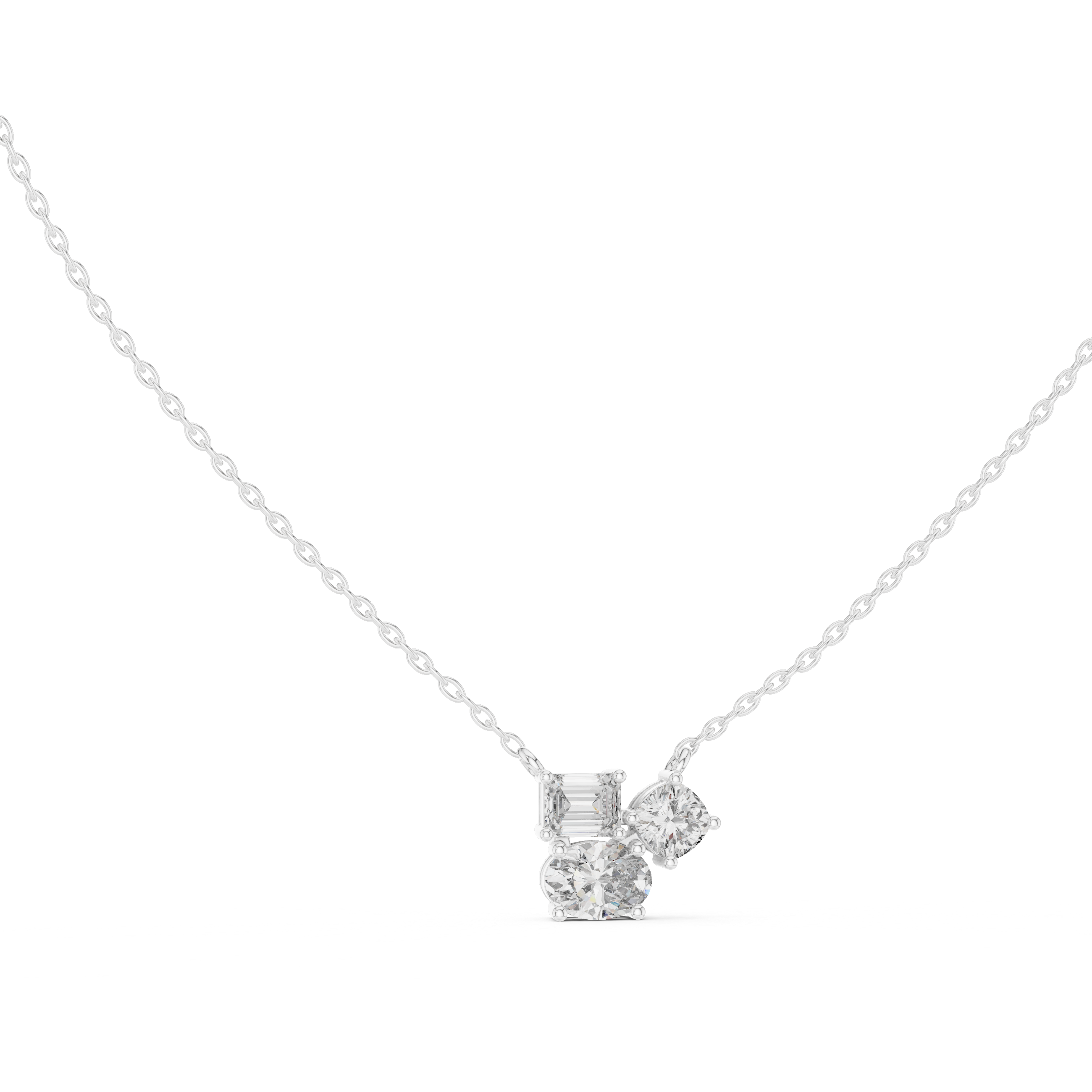 Multi shape cluster diamond pendant necklace with emerald, round and cushion cut stones