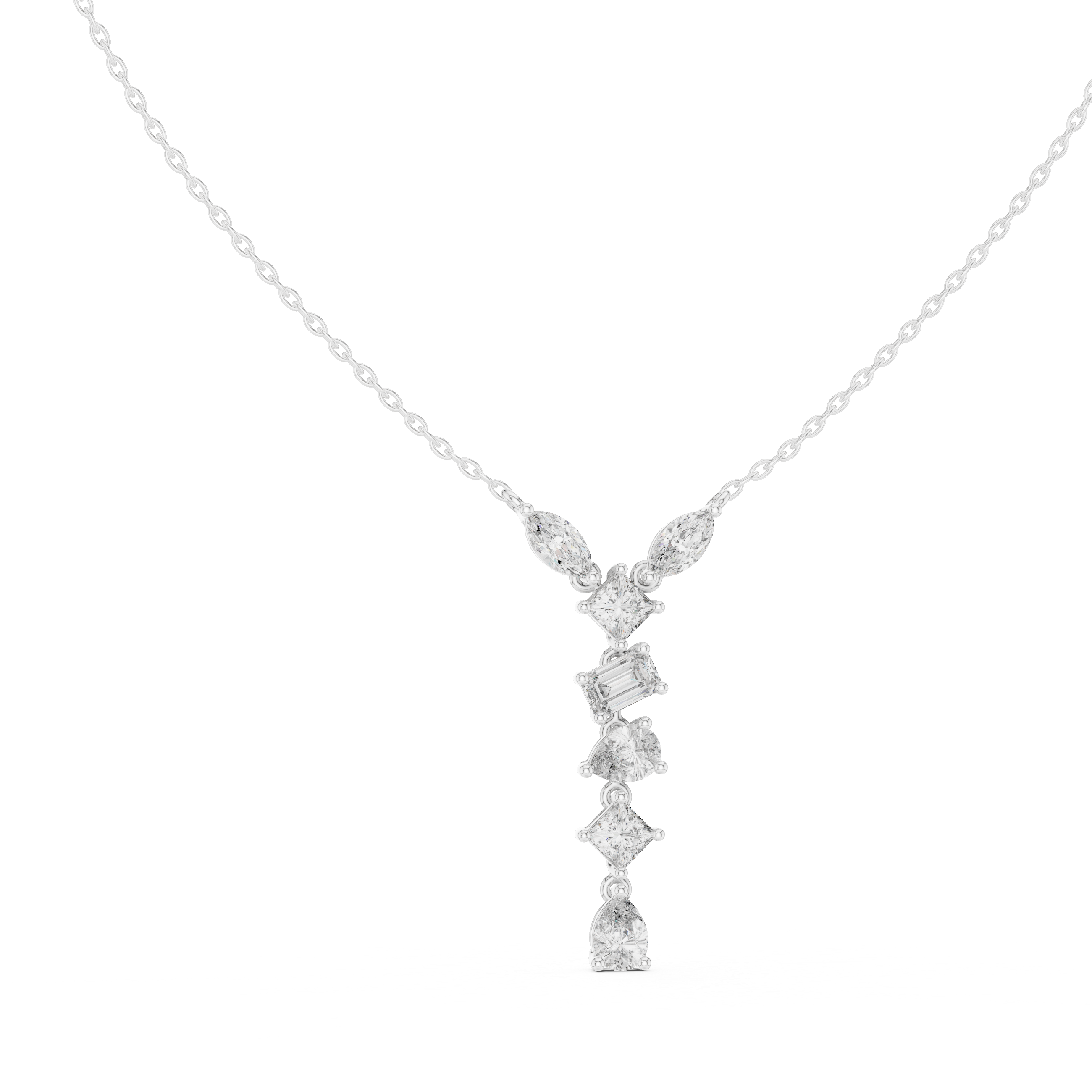 Multi shape journey diamond drop necklace with marquise, emerald, cushion and pear cut stones
