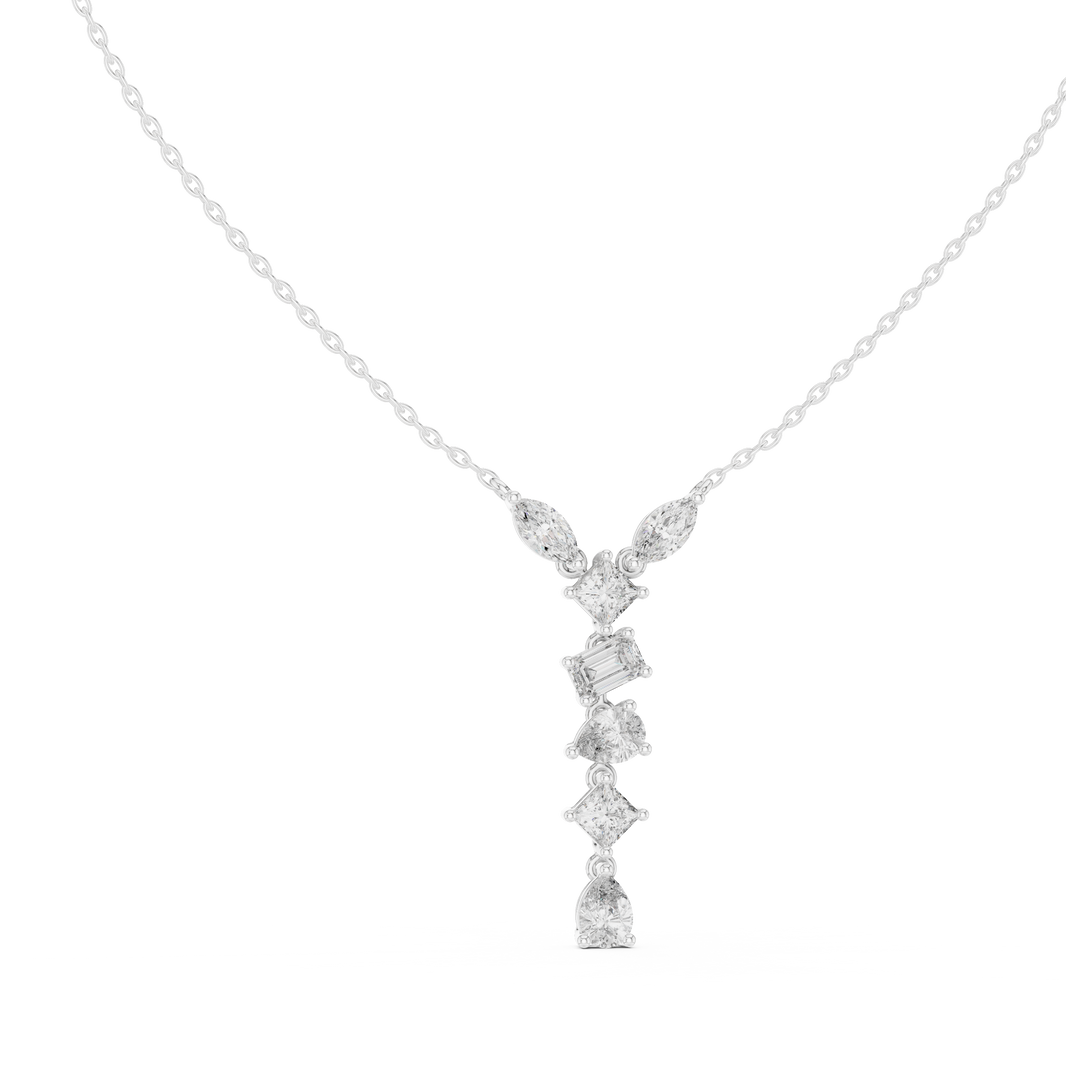 Multi shape journey diamond drop necklace with marquise, emerald, cushion and pear cut stones