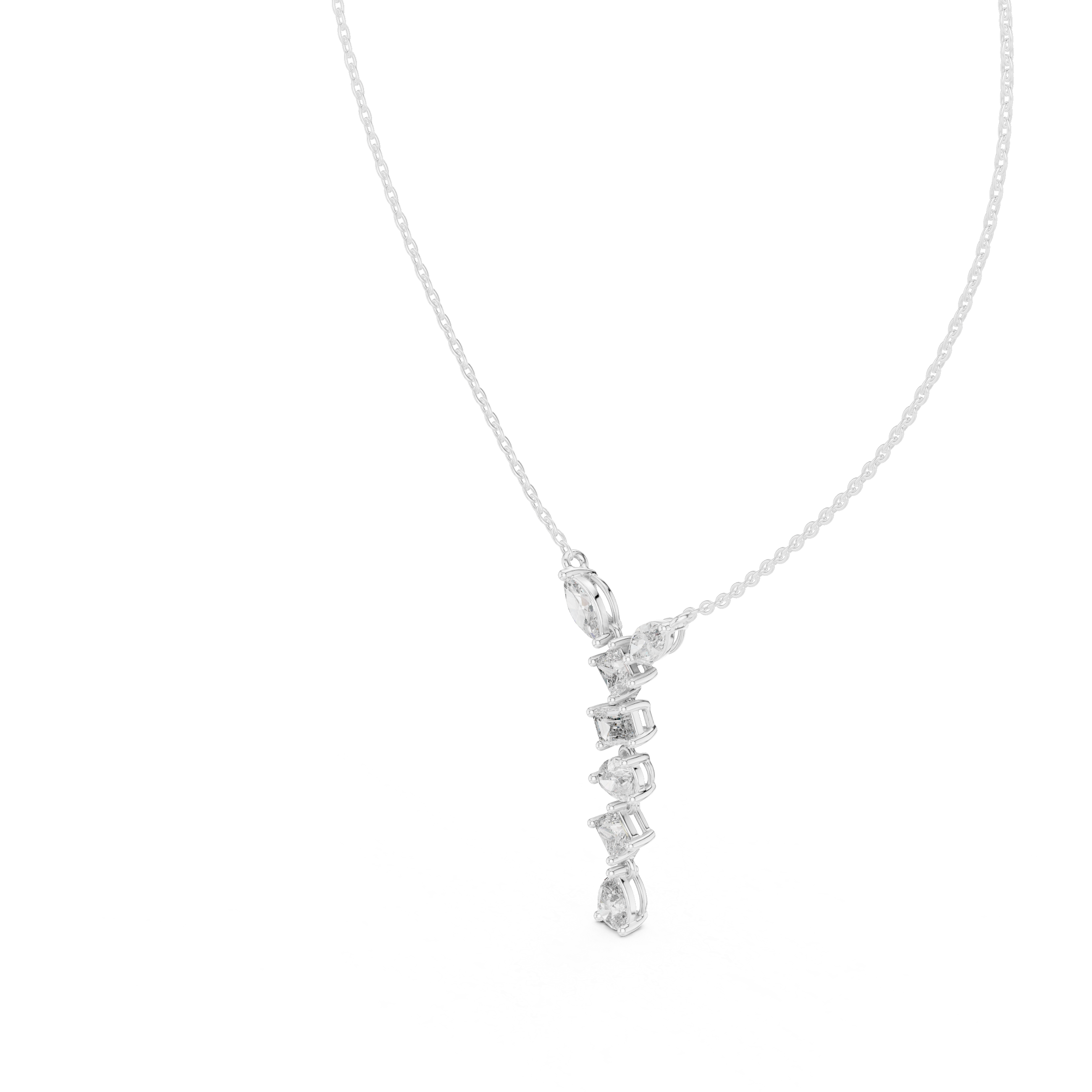 Multi shape journey diamond drop necklace with marquise, emerald, cushion and pear cut stones