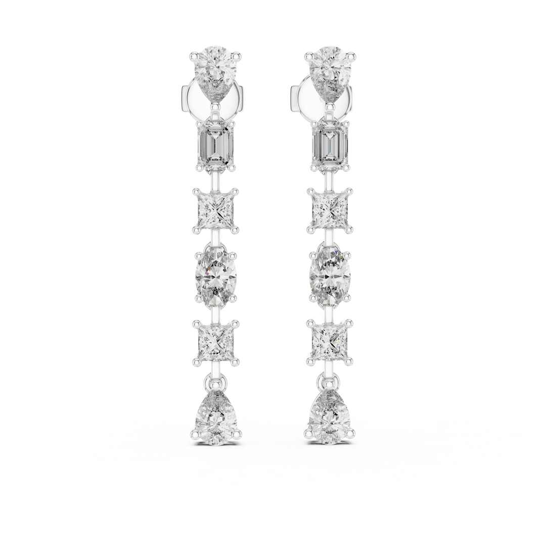 Multi shape linear drop earrings with vertical chain of pear, emerald, princess, oval and pear shaped stones in alternating cuts