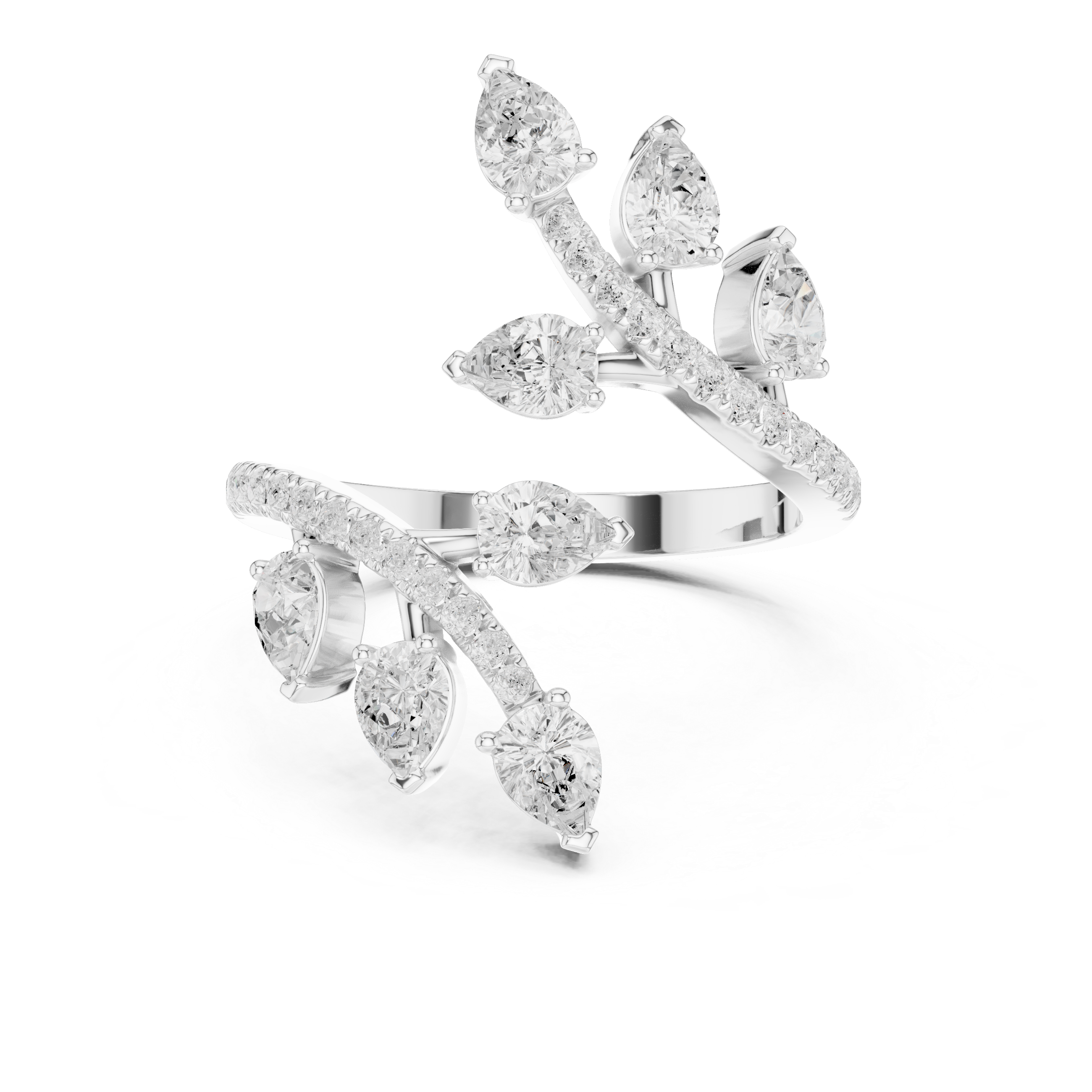 Multi stone floral bypass ring with scattered pear and pave set open band