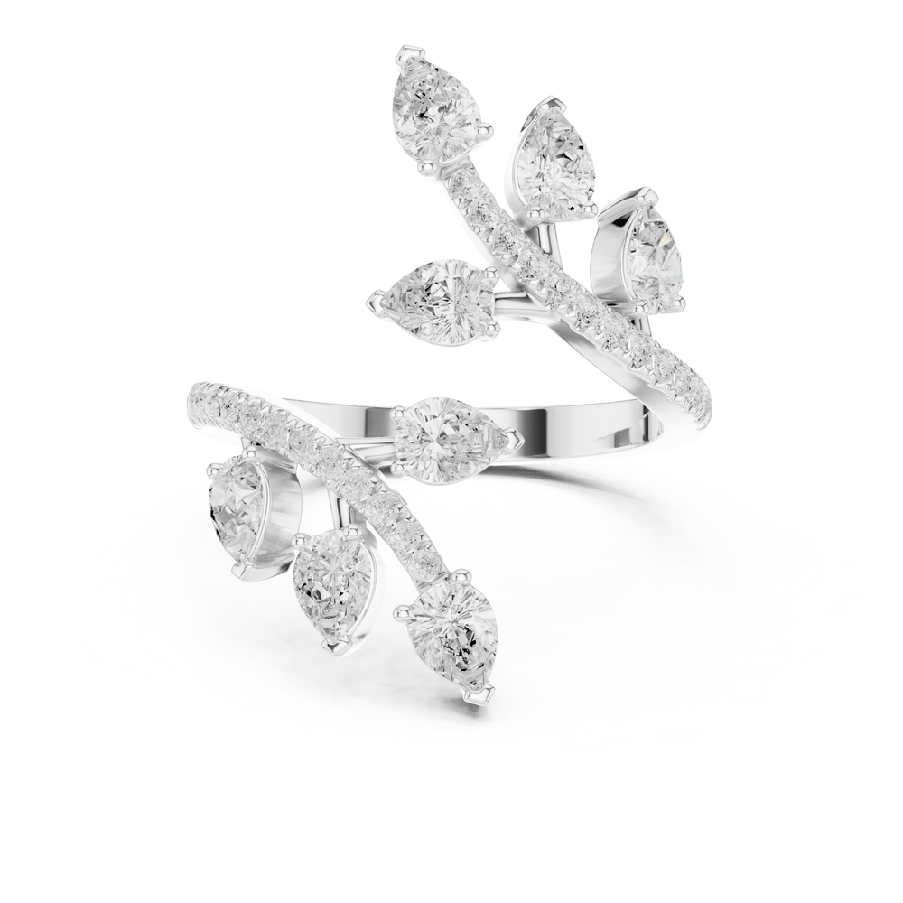 Multi stone floral bypass ring with scattered pear and pave set open band