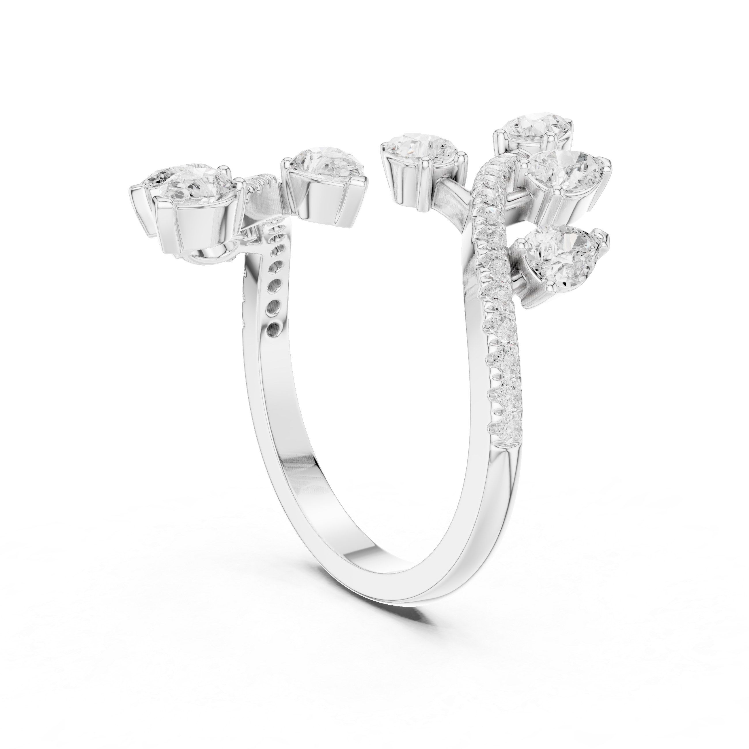 Multi stone floral bypass ring with scattered pear and pave set open band