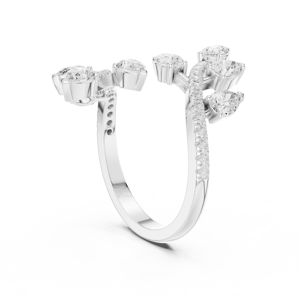 Multi stone floral bypass ring with scattered pear and pave set open band