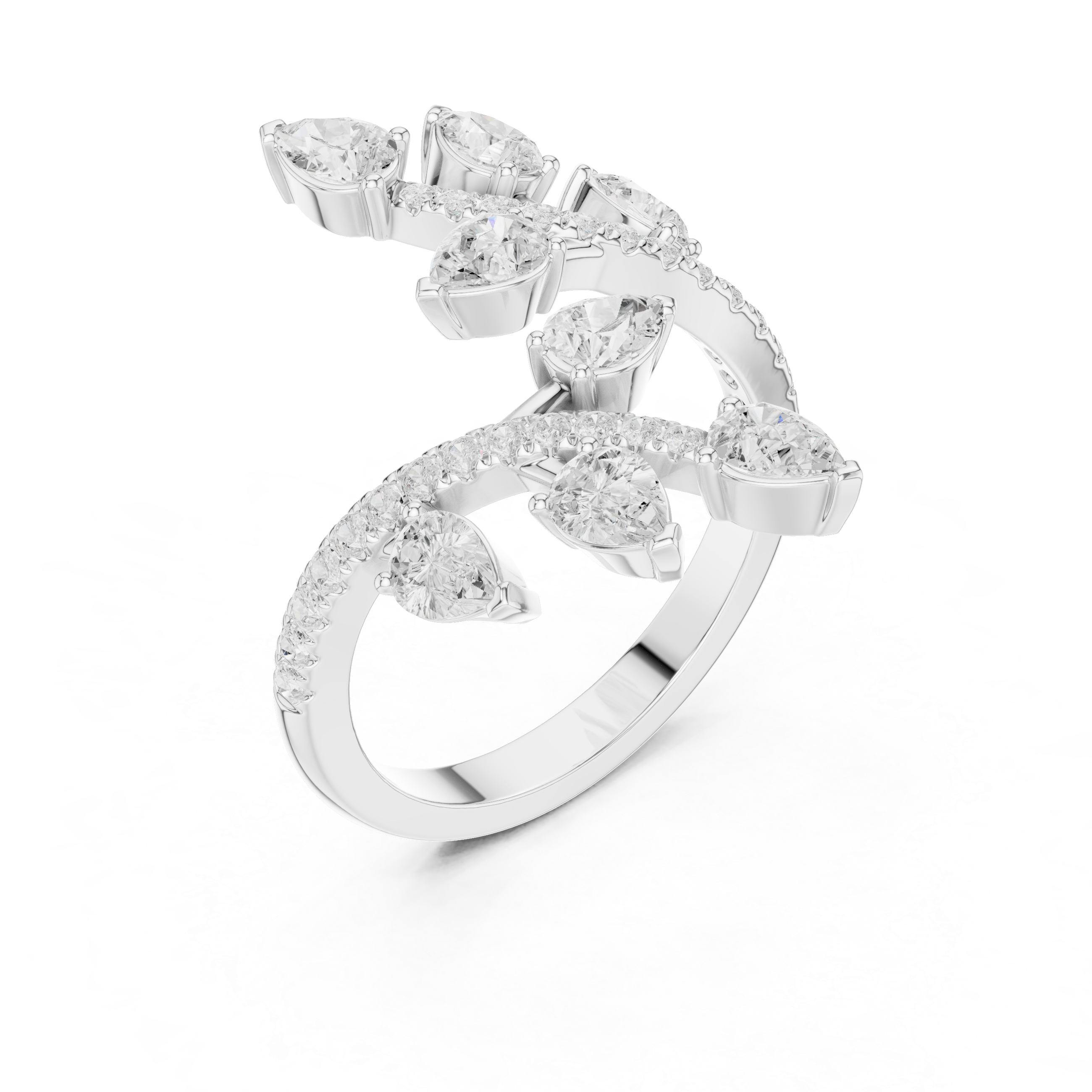 Multi stone floral bypass ring with scattered pear and pave set open band