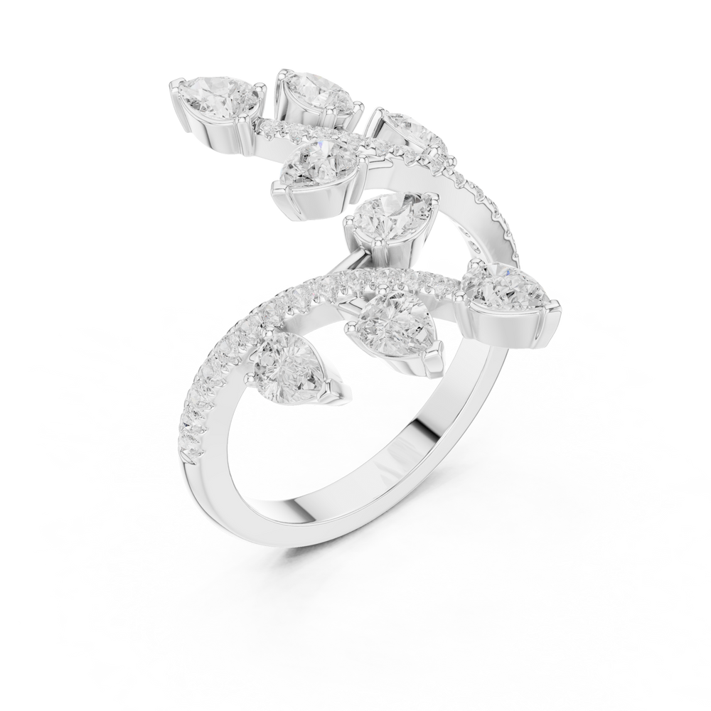 Multi stone floral bypass ring with scattered pear and pave set open band