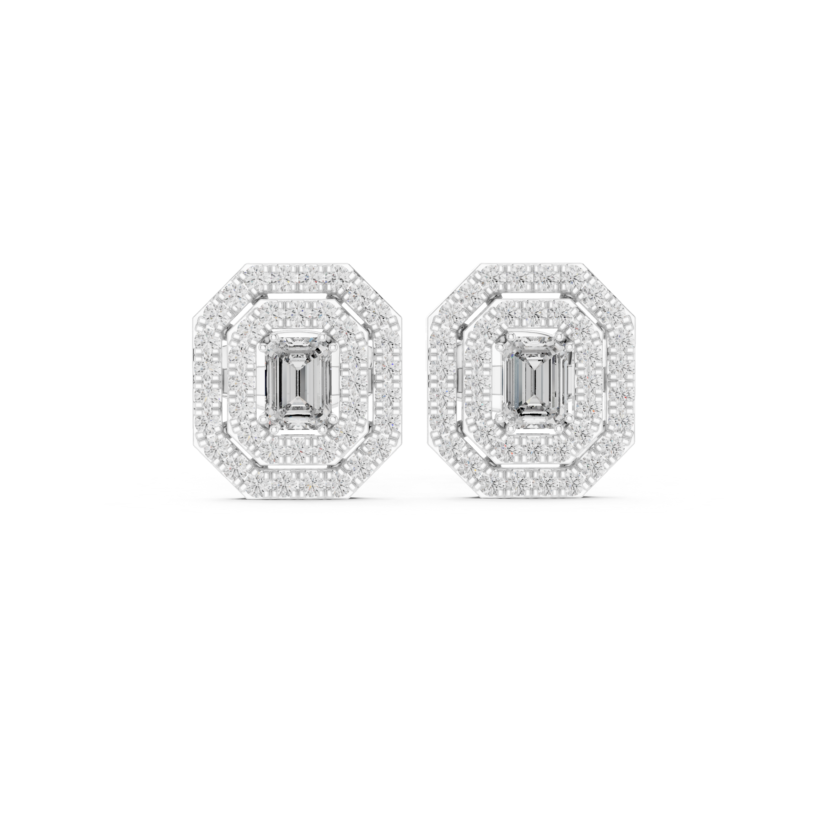 Octagon double halo stud earrings with emerald cut centre and pave border detailing