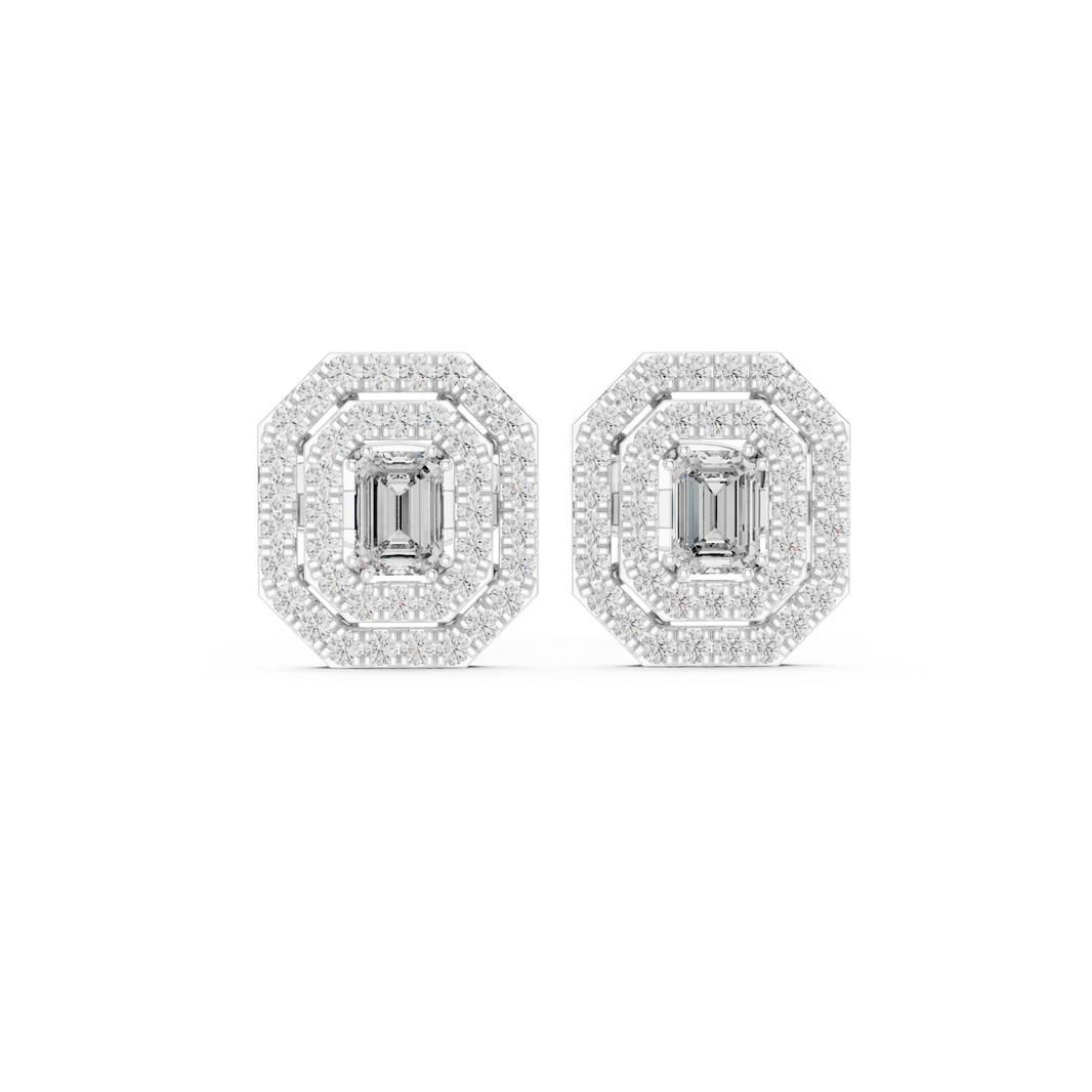Octagon double halo stud earrings with emerald cut centre and pave border detailing