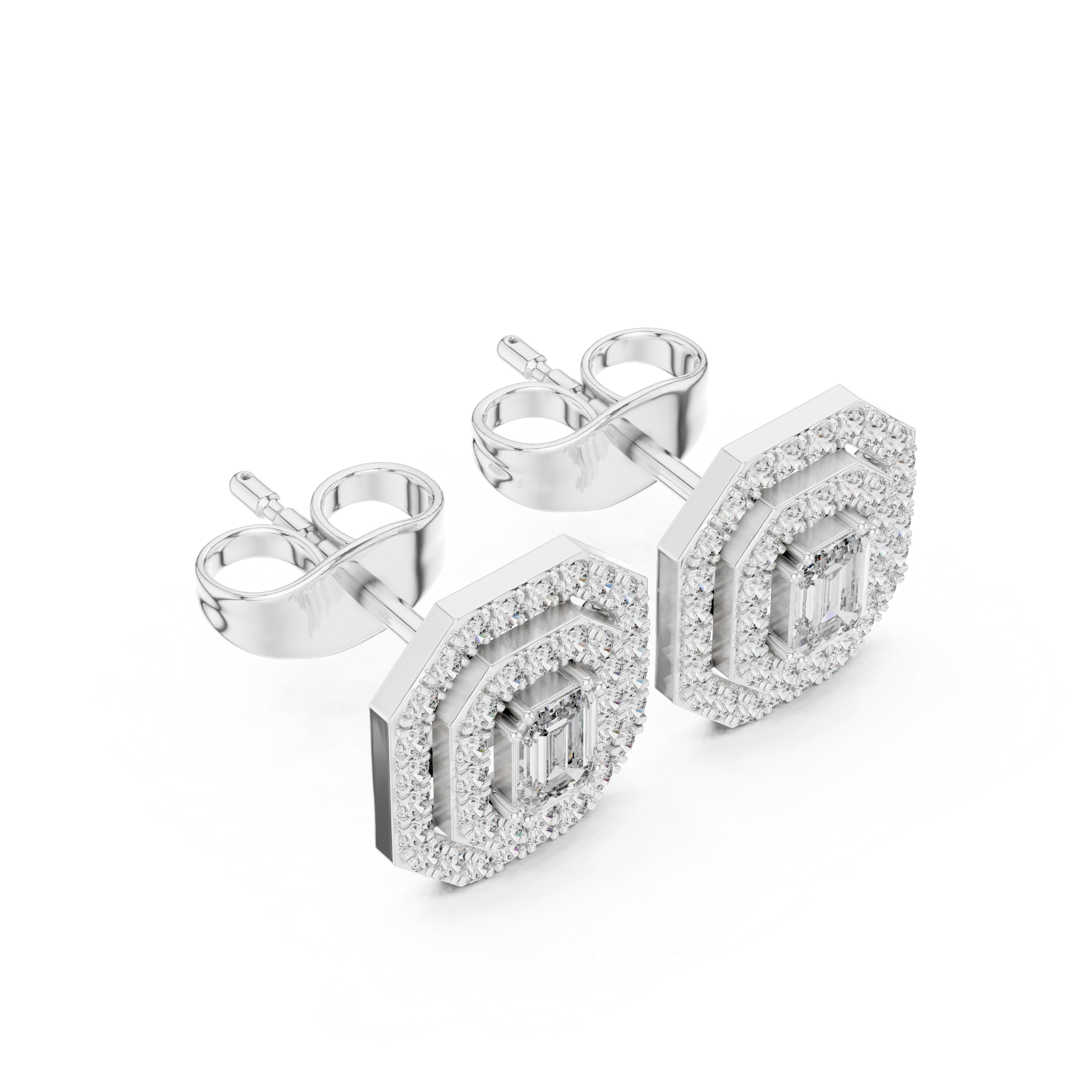 Octagon double halo stud earrings with emerald cut centre and pave border detailing