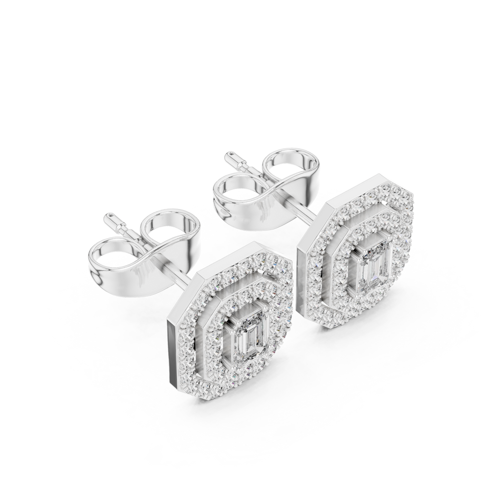 Octagon double halo stud earrings with emerald cut centre and pave border detailing
