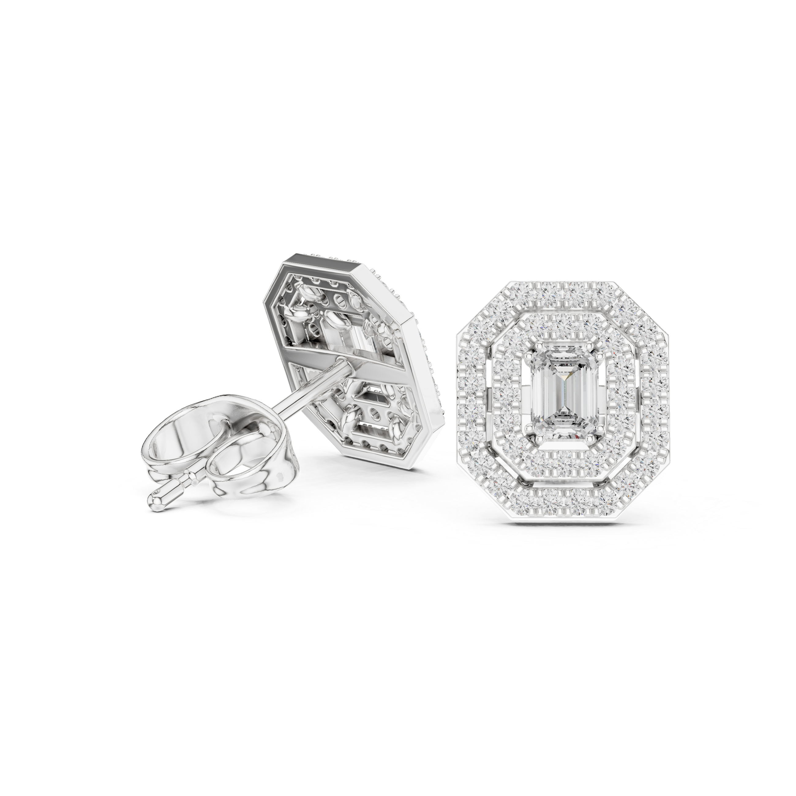 Octagon double halo stud earrings with emerald cut centre and pave border detailing