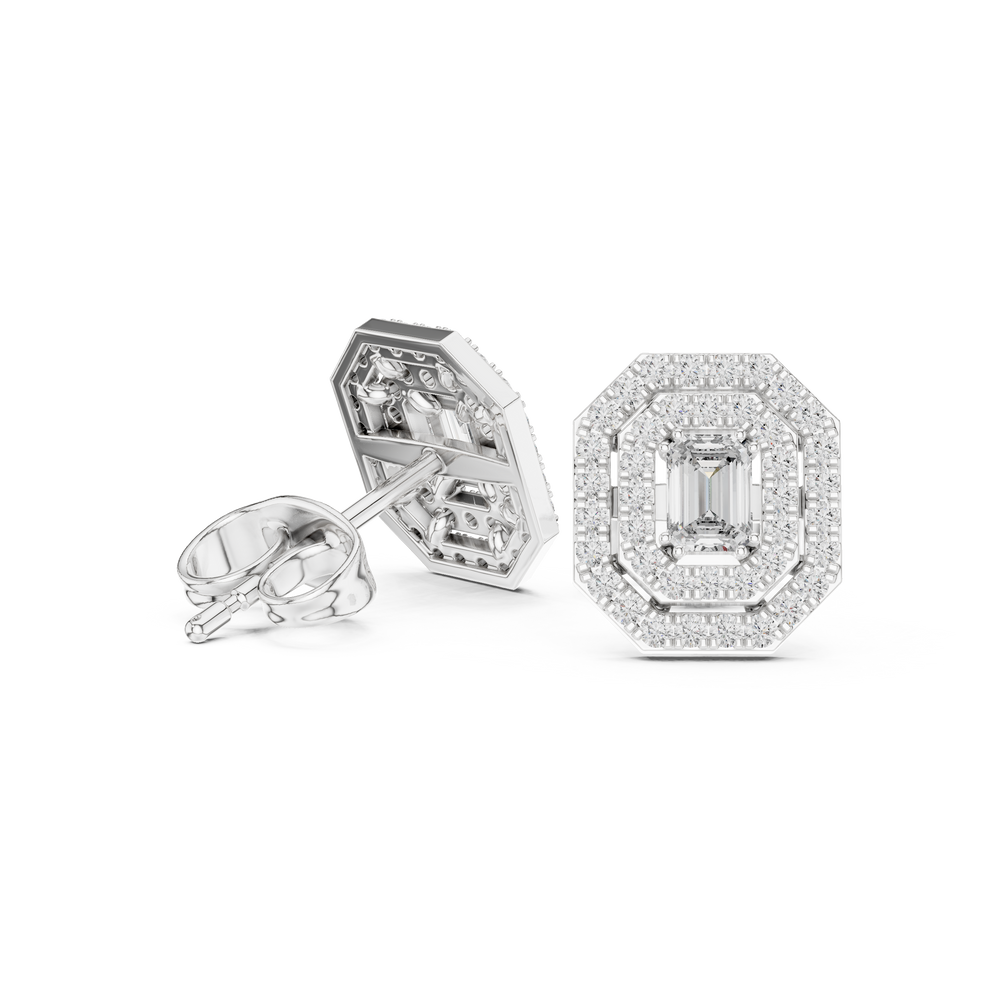 Octagon double halo stud earrings with emerald cut centre and pave border detailing