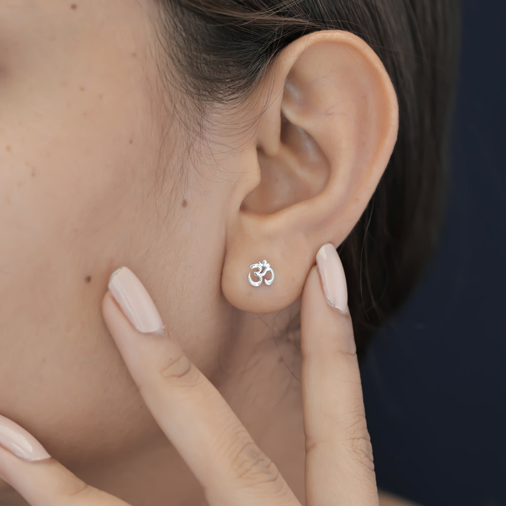 Om symbol stud earrings with polished sacred spiritual motif and flat back