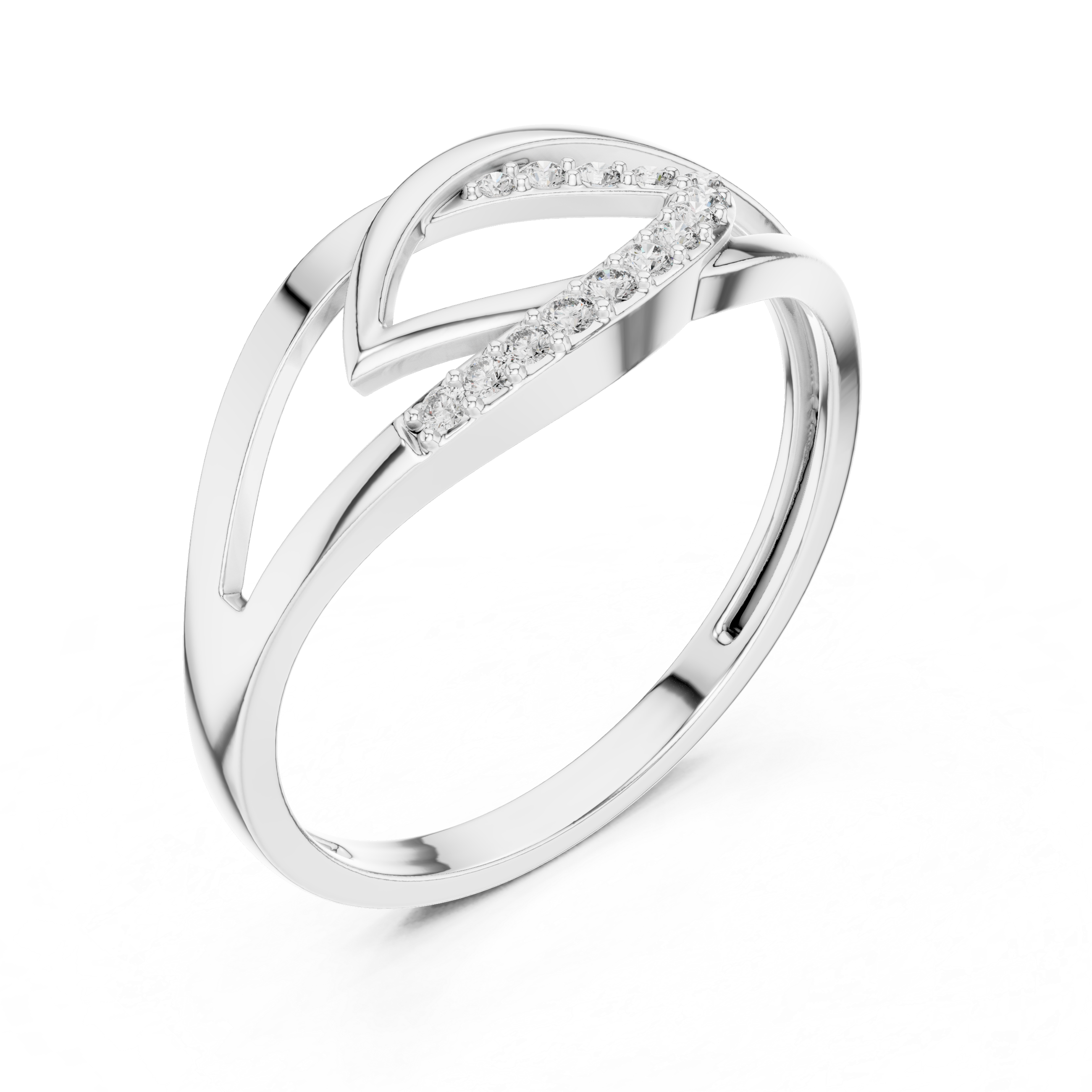 Open chevron crossover ring with geometric split shank and polished open frame
