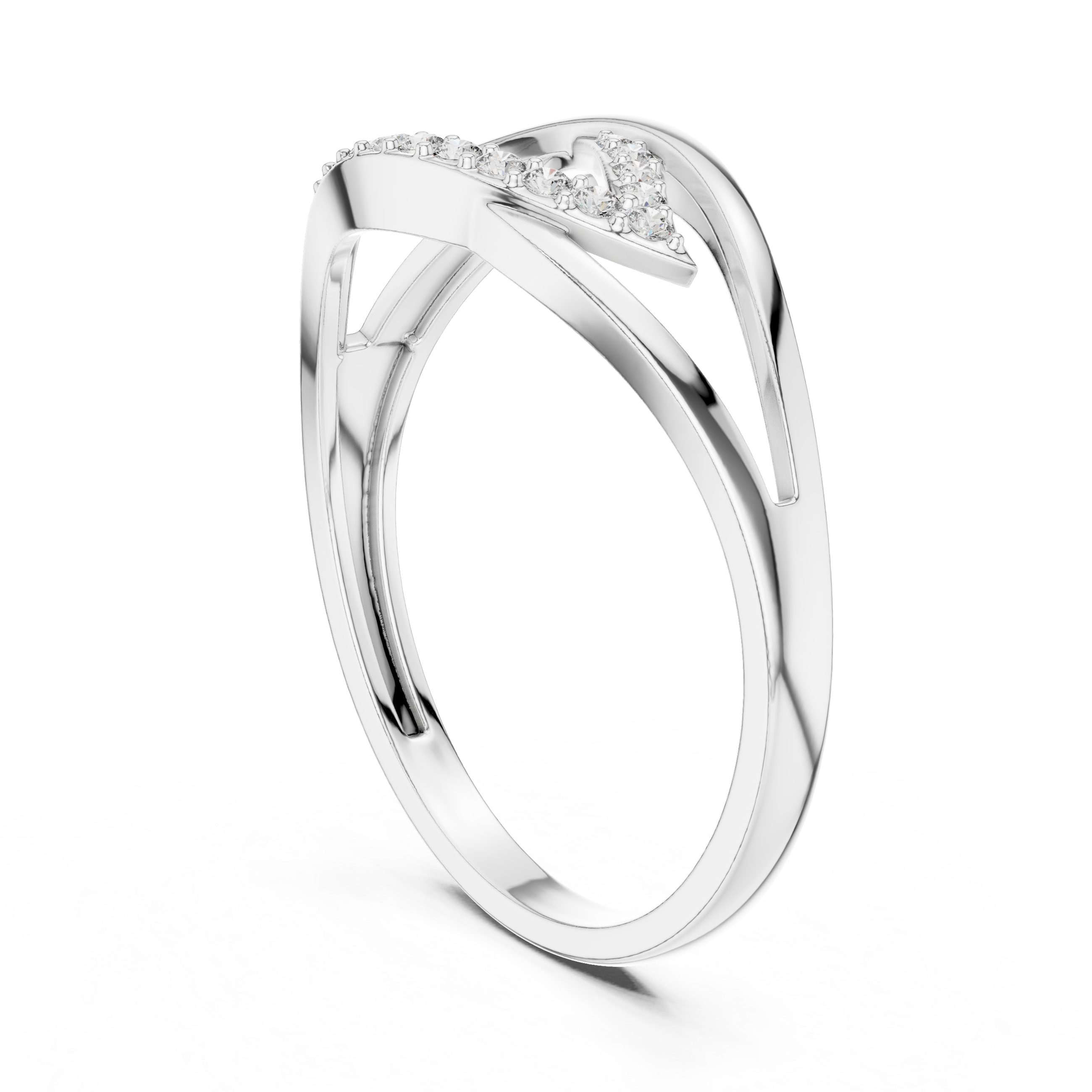 Open chevron crossover ring with geometric split shank and polished open frame