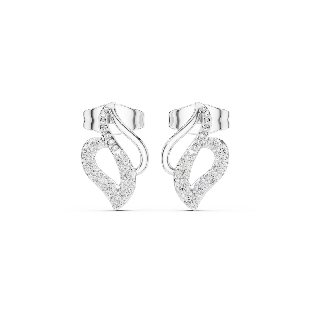 Stone-set open heart stud earrings with a polished swirl stem and graduating round brilliant stones along the heart outline