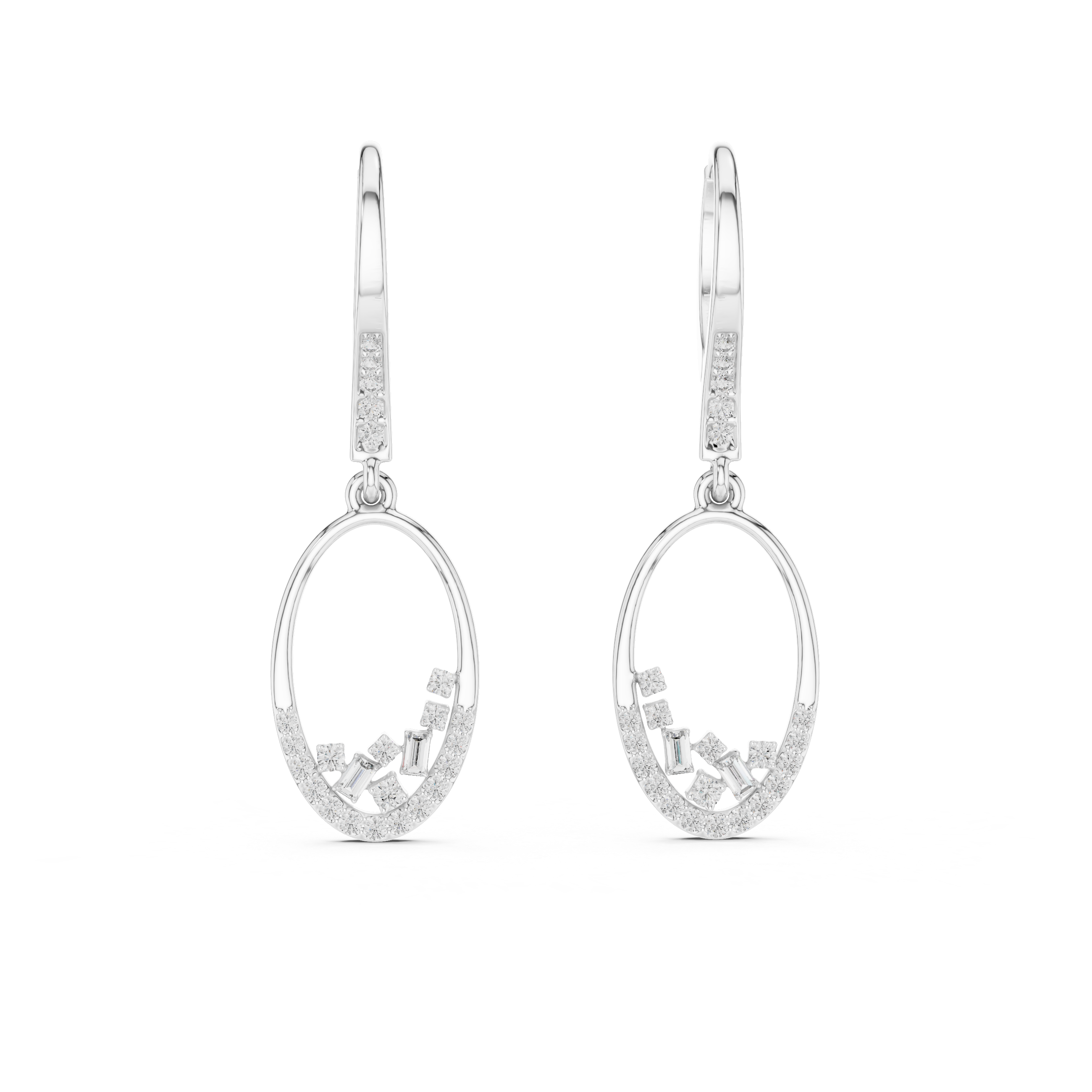 Open oval floating baguette drop earrings with pave lever back, open oval pave frame and scattered baguette and round stones inside
