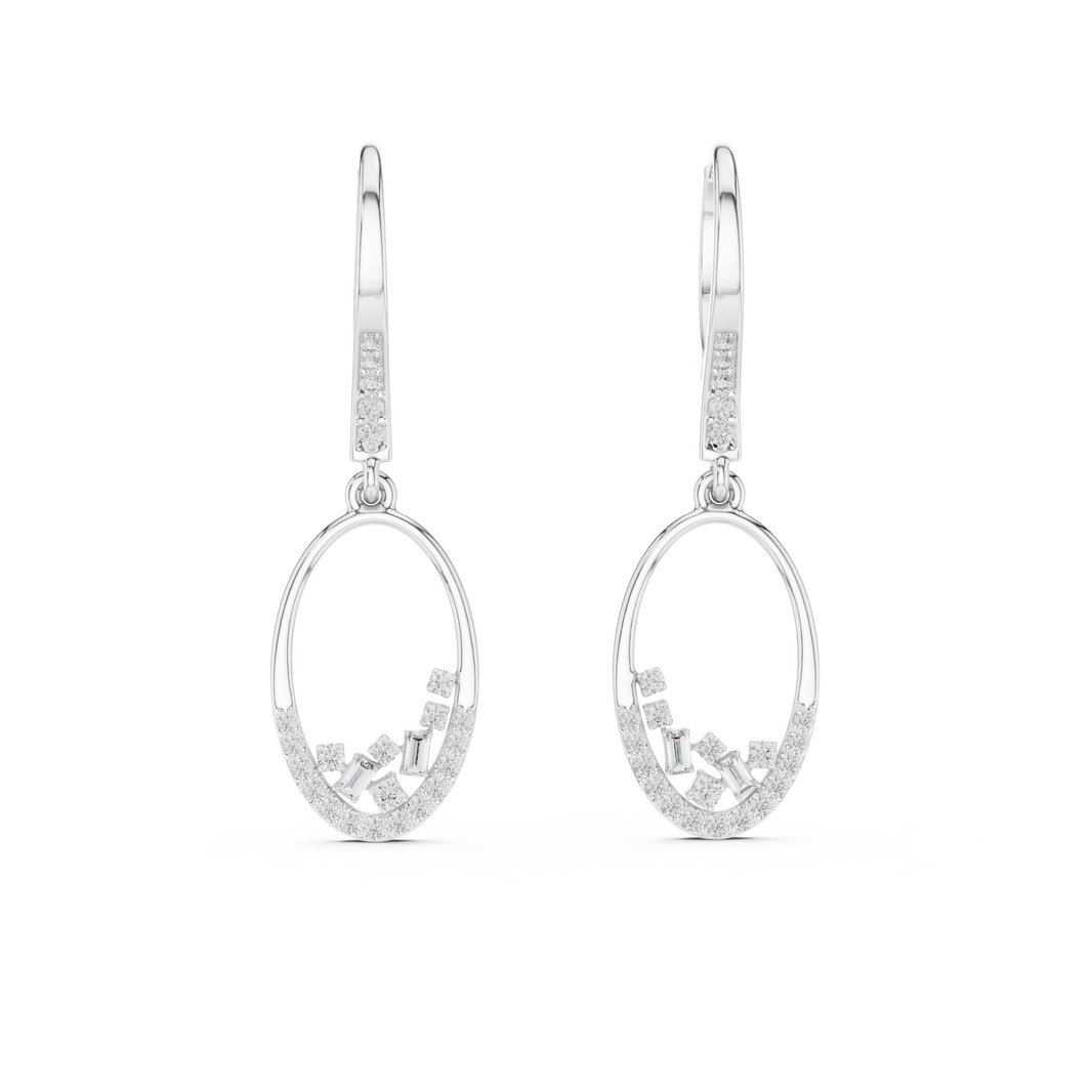 Open oval floating baguette drop earrings with pave lever back, open oval pave frame and scattered baguette and round stones inside