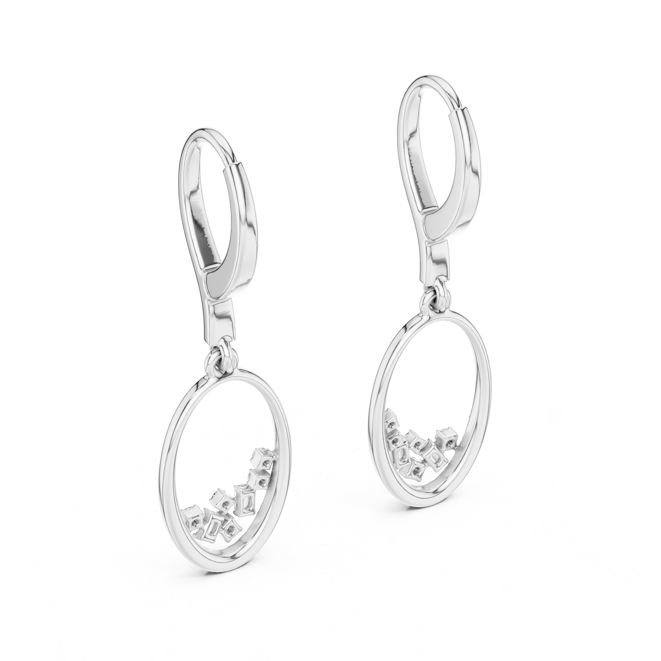 Open oval floating baguette drop earrings with pave lever back, open oval pave frame and scattered baguette and round stones inside