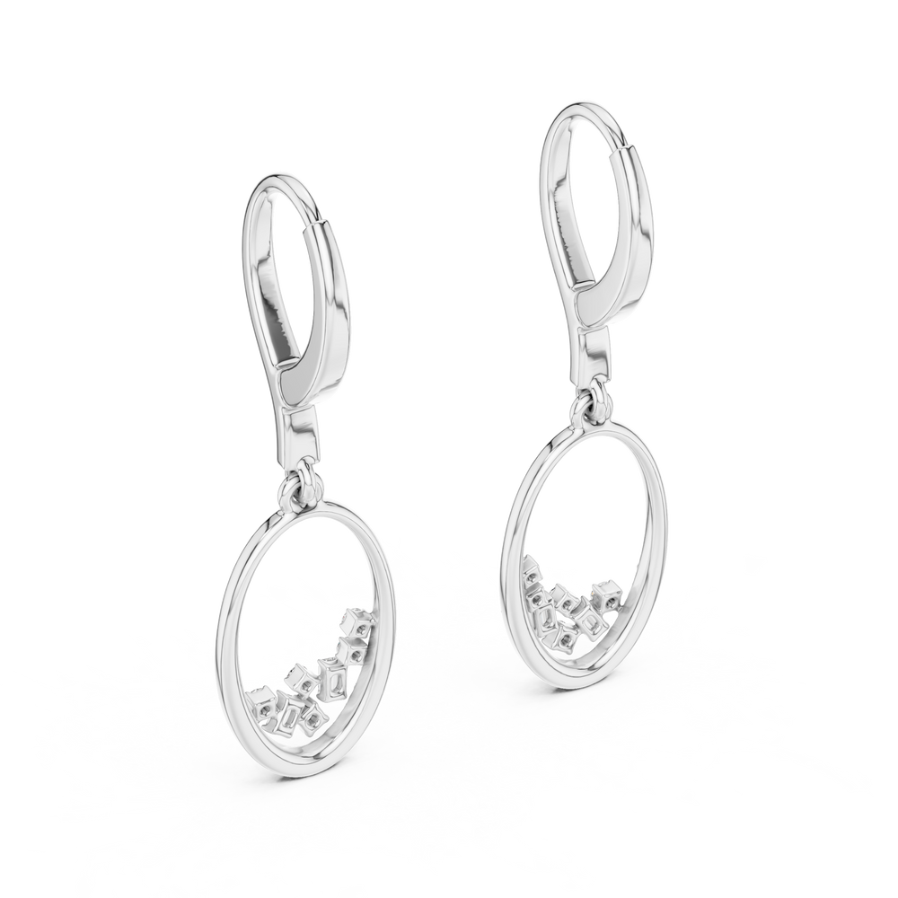Open oval floating baguette drop earrings with pave lever back, open oval pave frame and scattered baguette and round stones inside