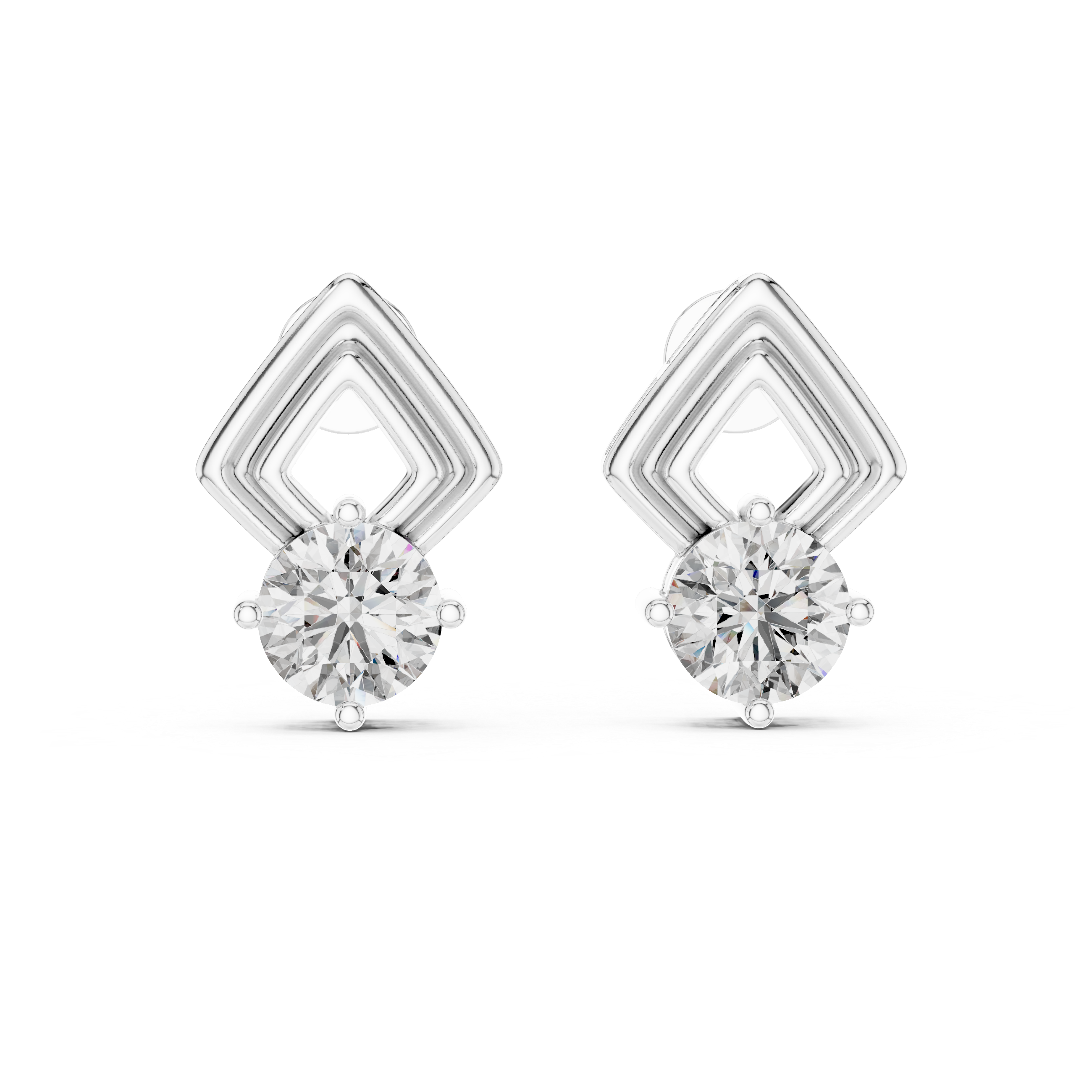Stud earrings with a double open rhombus frame top and a prong-set round brilliant solitaire drop below
