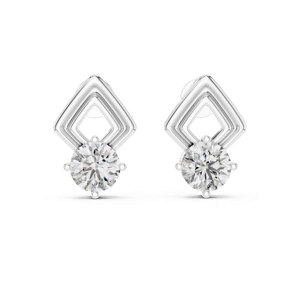 Stud earrings with a double open rhombus frame top and a prong-set round brilliant solitaire drop below