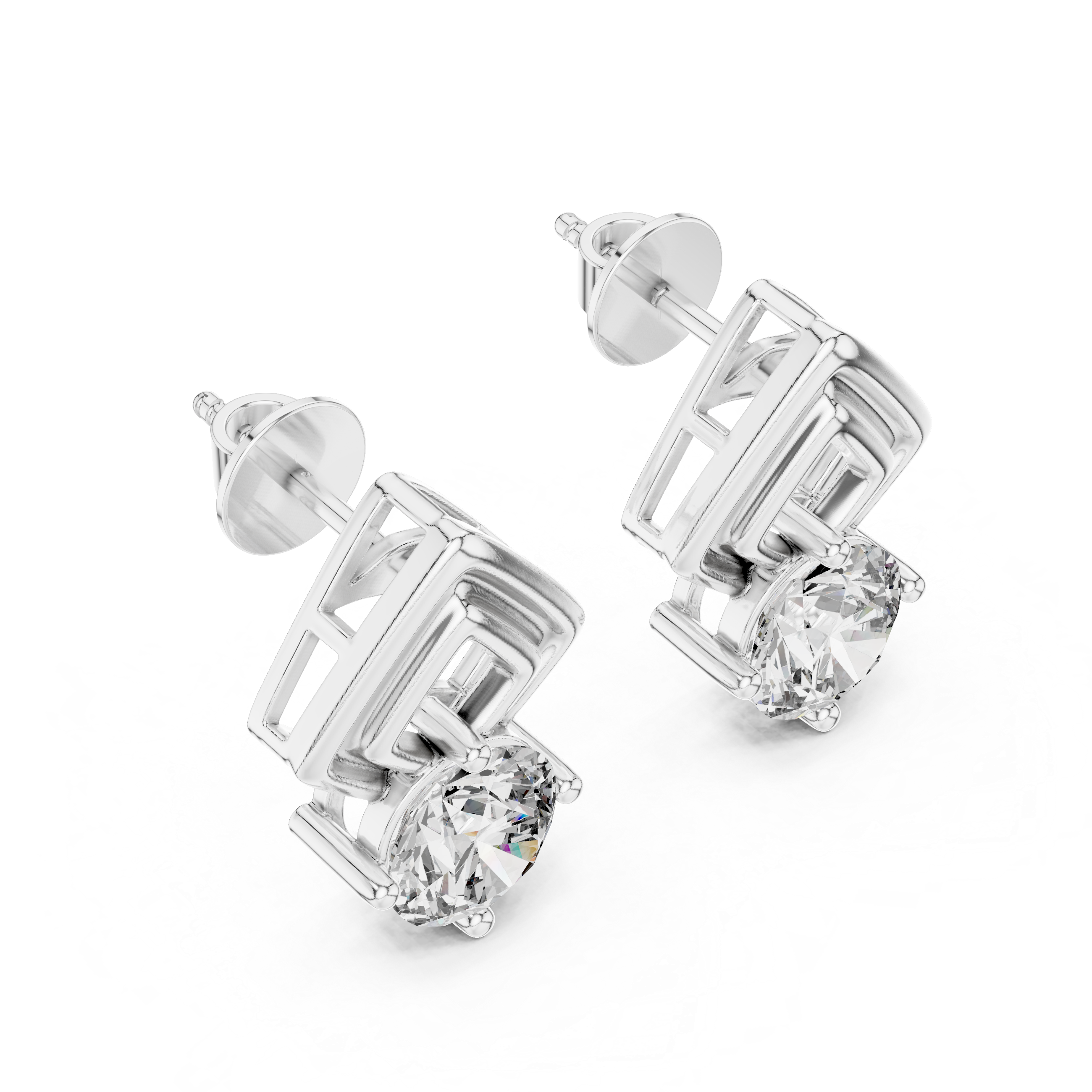 Stud earrings with a double open rhombus frame top and a prong-set round brilliant solitaire drop below