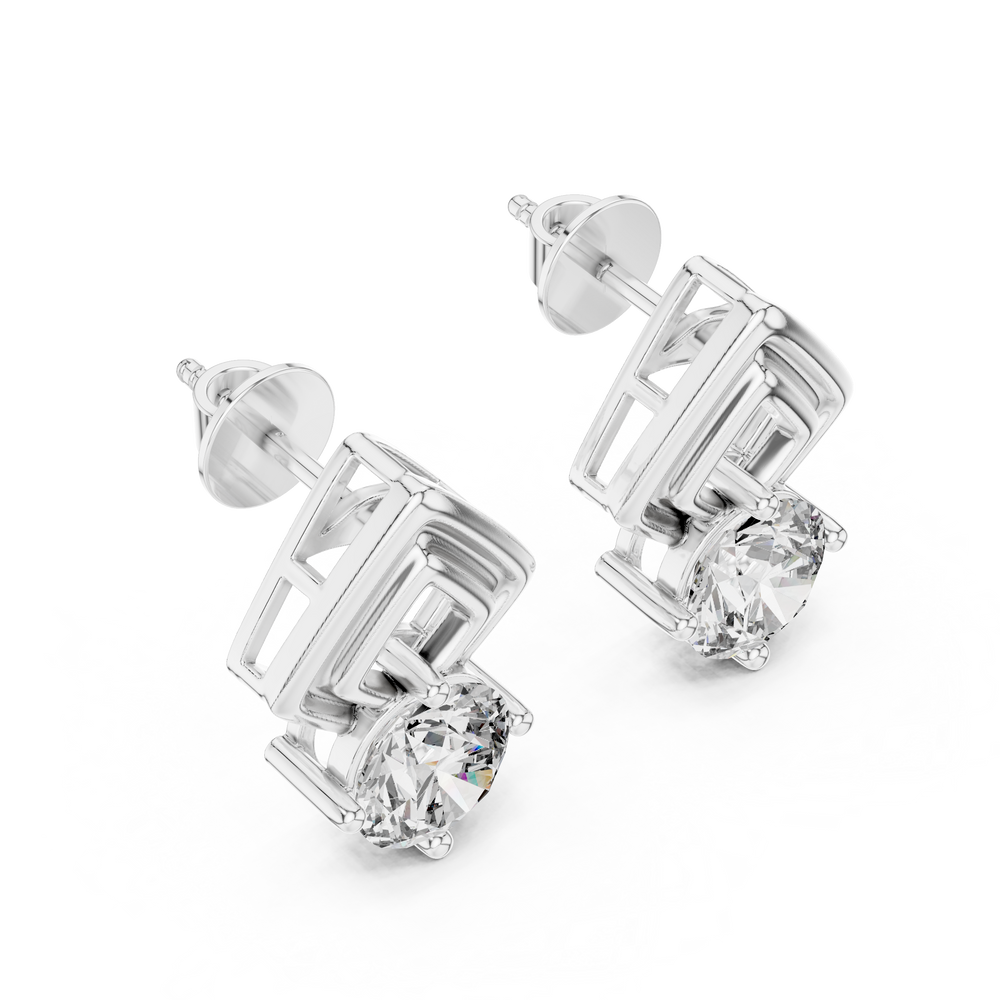 Stud earrings with a double open rhombus frame top and a prong-set round brilliant solitaire drop below