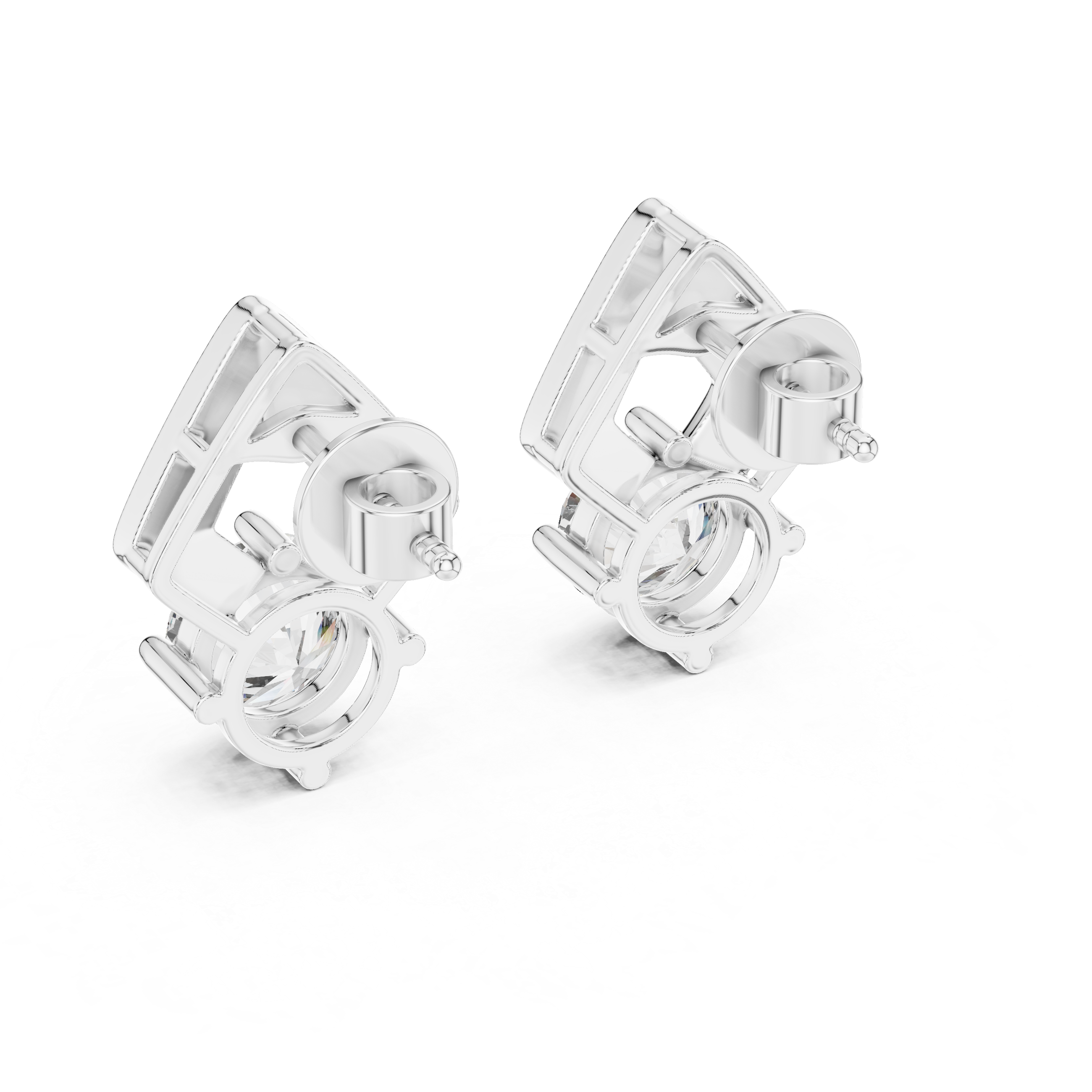 Stud earrings with a double open rhombus frame top and a prong-set round brilliant solitaire drop below