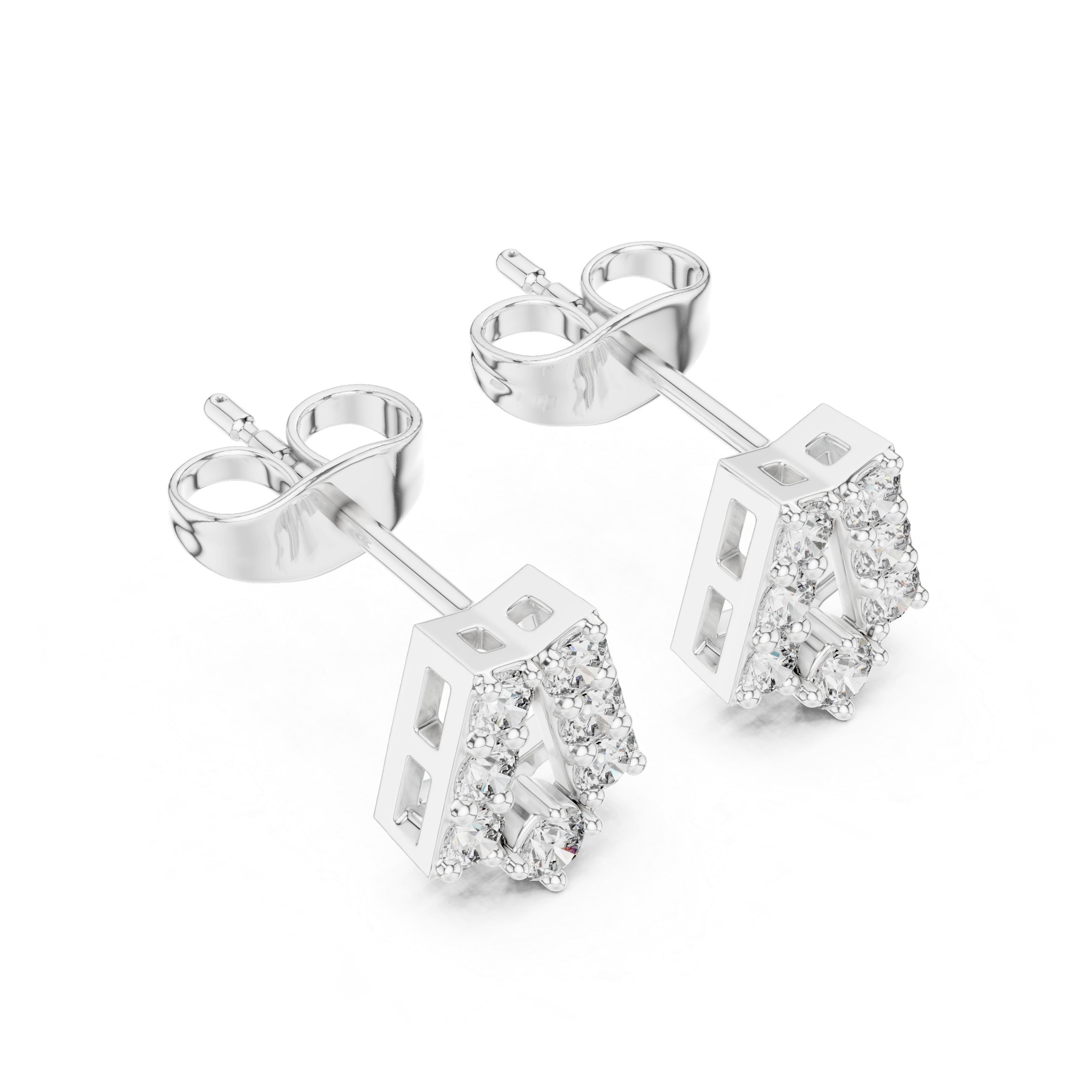 Open shield stud earrings with round stones along a geometric angular open frame