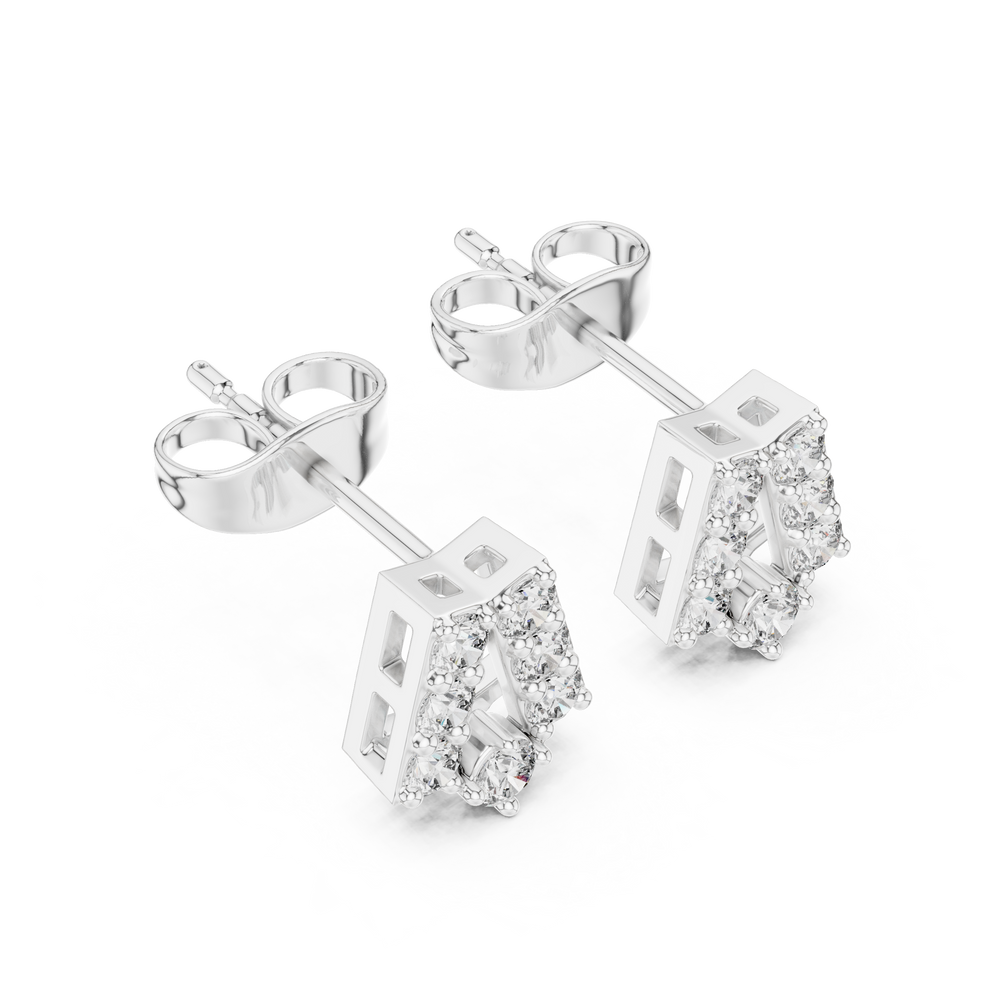 Open shield stud earrings with round stones along a geometric angular open frame