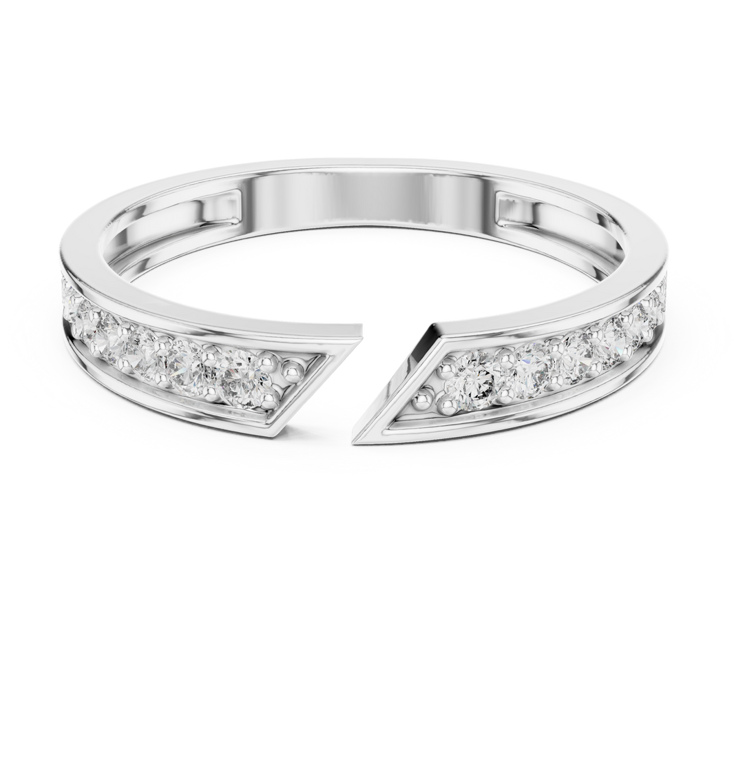 Open split channel set diamond band ring with arrow tip design