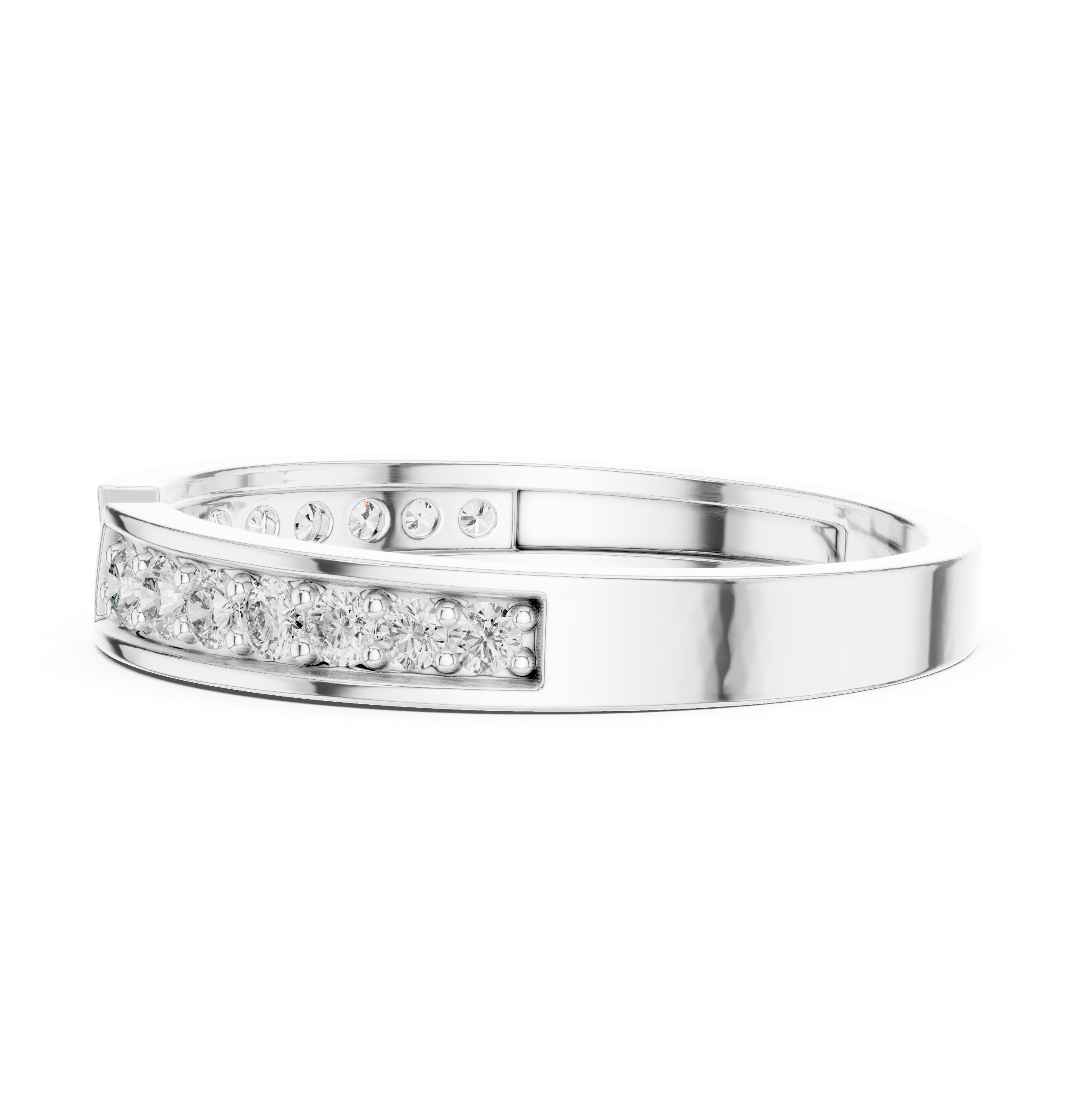 Open split channel set diamond band ring with arrow tip design