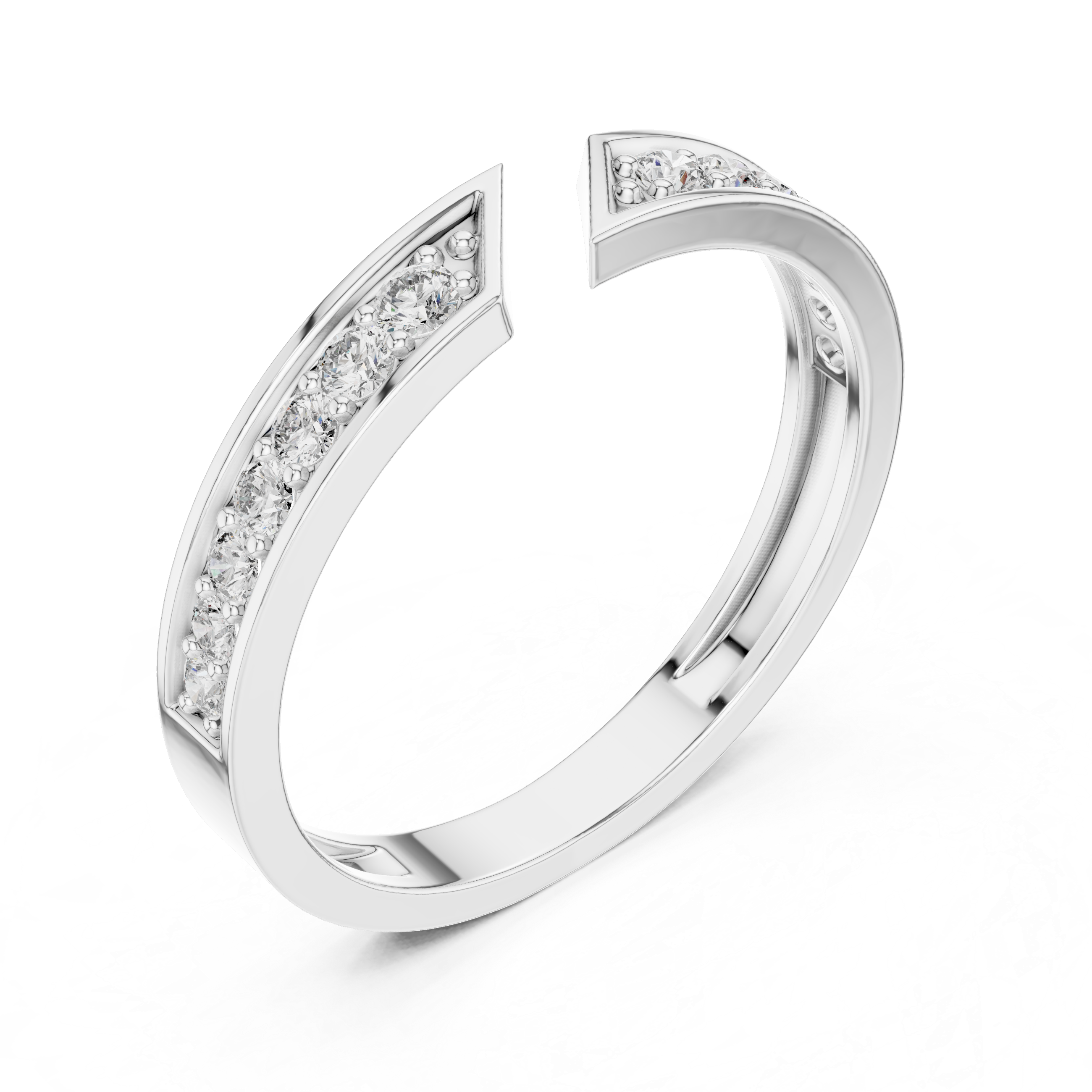 Open split channel set diamond band ring with arrow tip design