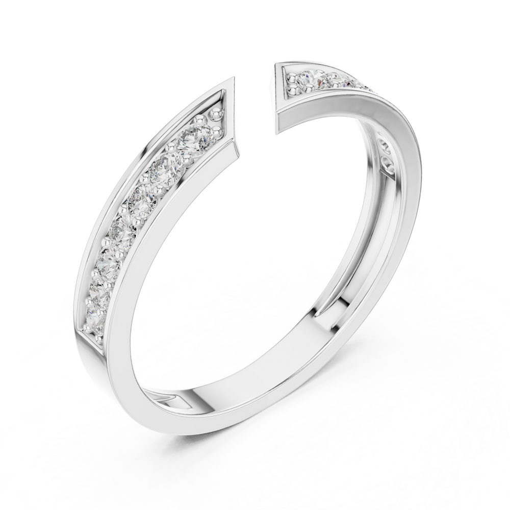 Open split channel set diamond band ring with arrow tip design