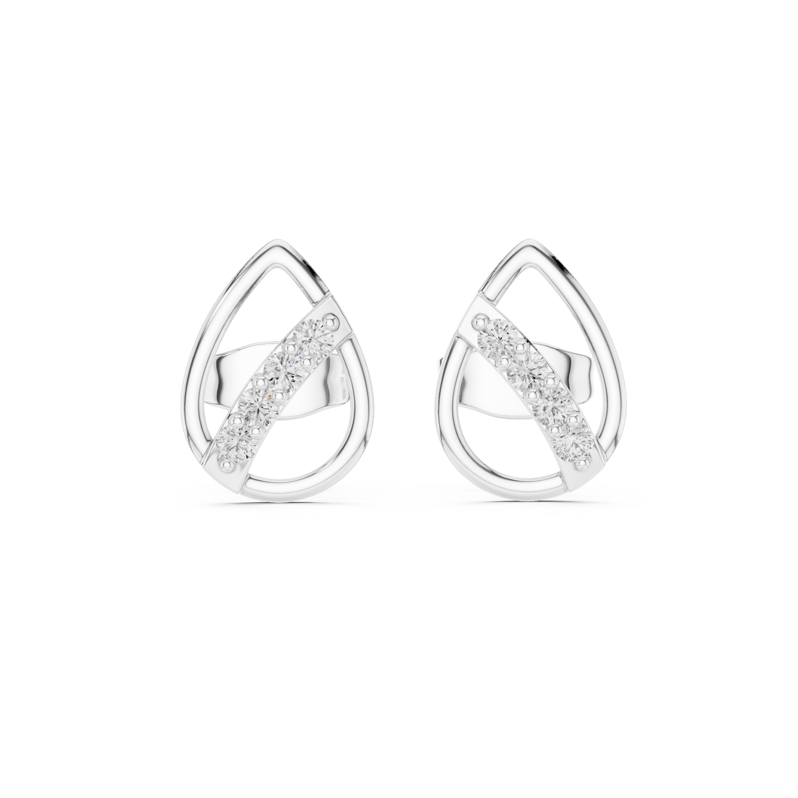 Open teardrop frame stud earrings with a diagonal pavé-set crossbar of round brilliant stones