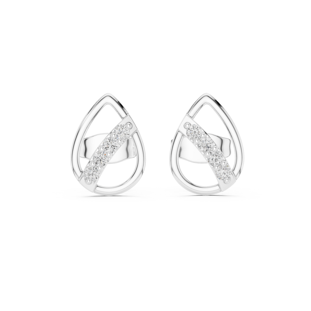 Open teardrop frame stud earrings with a diagonal pavé-set crossbar of round brilliant stones