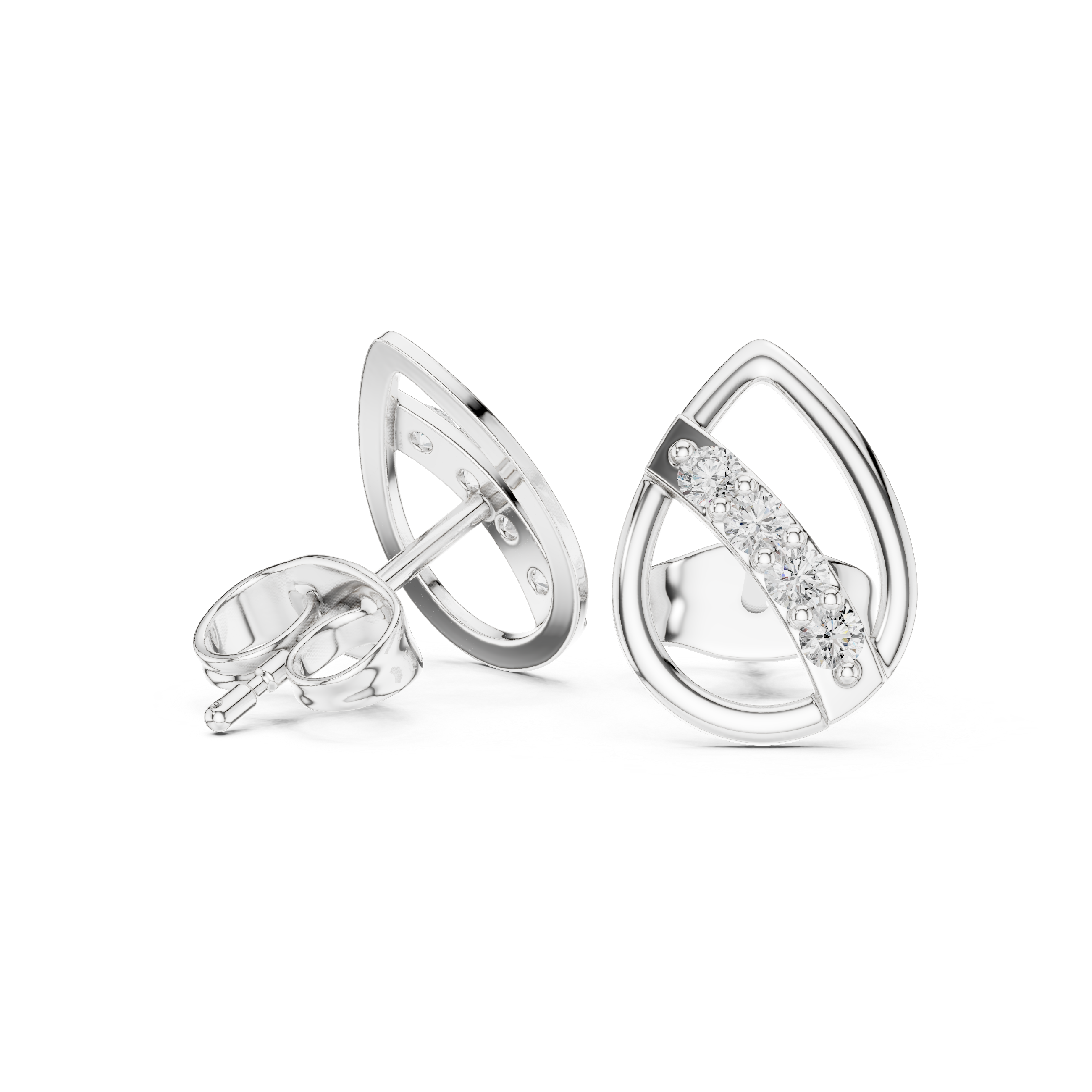 Open teardrop frame stud earrings with a diagonal pavé-set crossbar of round brilliant stones