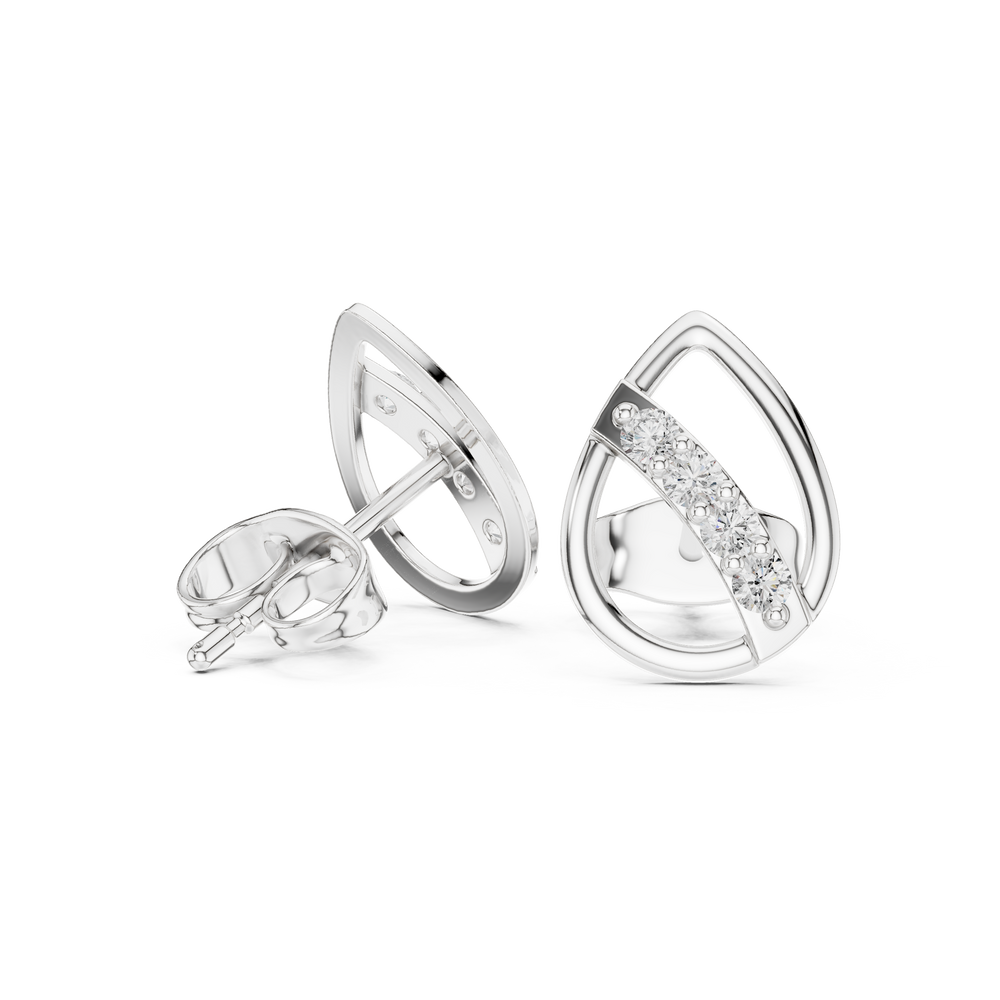 Open teardrop frame stud earrings with a diagonal pavé-set crossbar of round brilliant stones