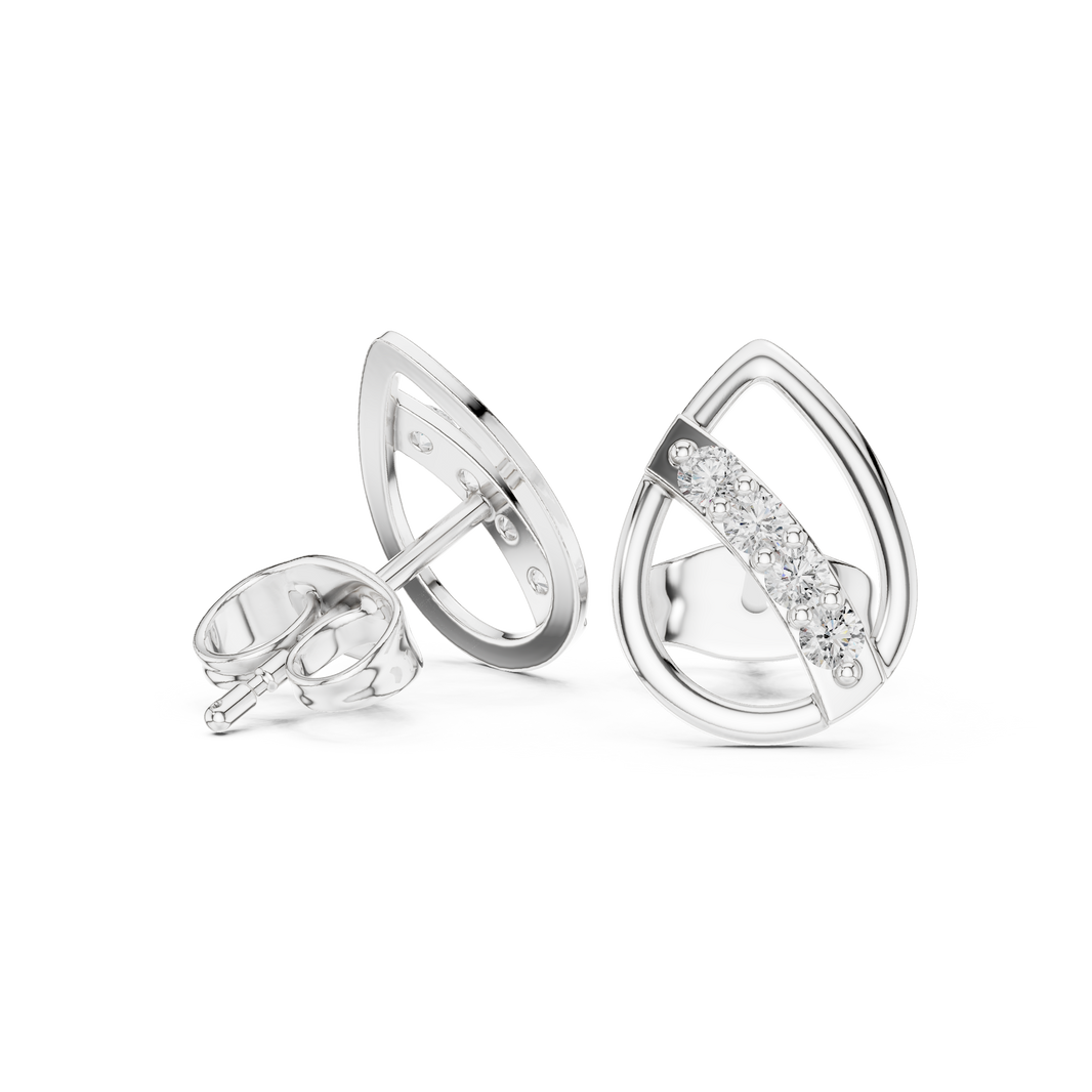 Open teardrop frame stud earrings with a diagonal pavé-set crossbar of round brilliant stones