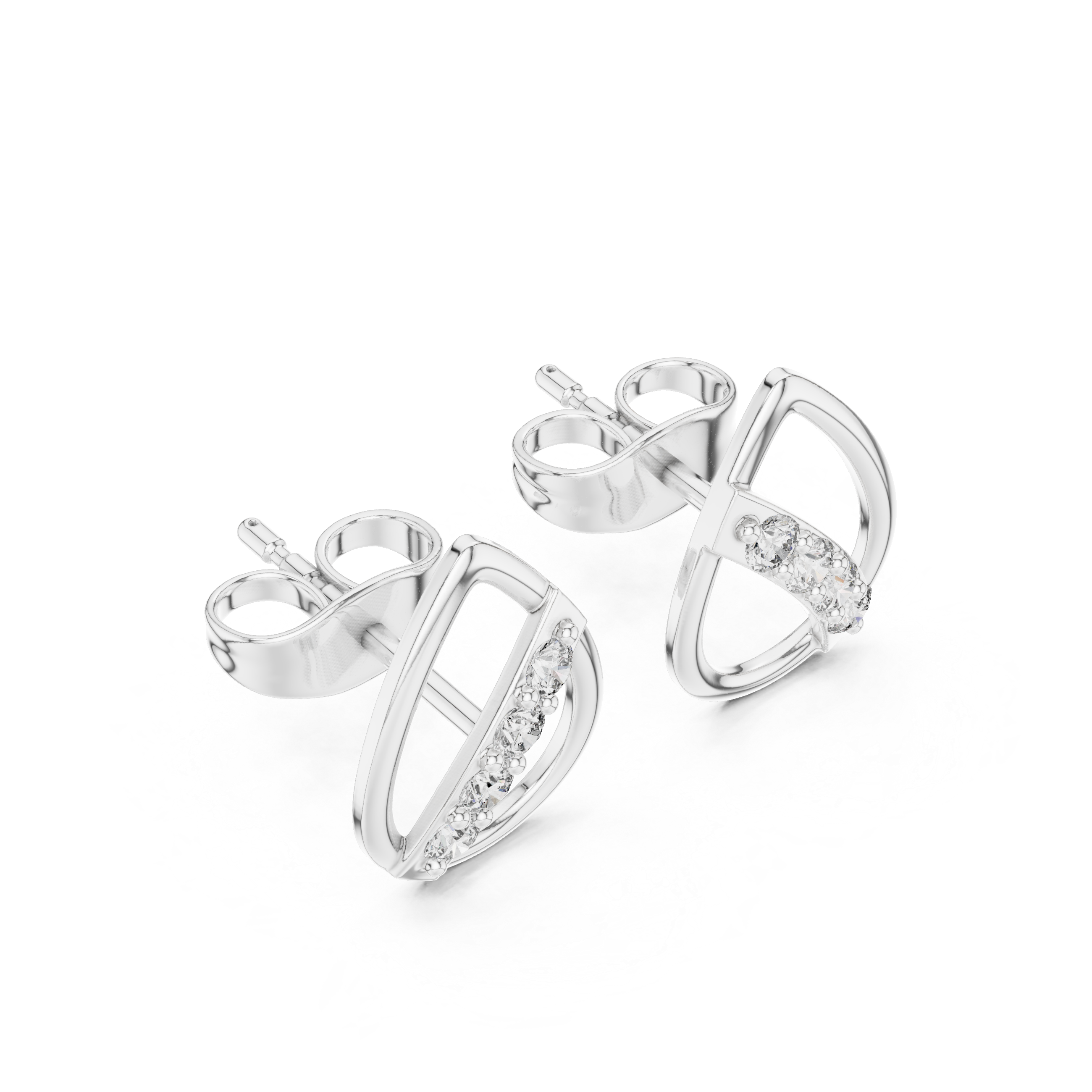 Open teardrop frame stud earrings with a diagonal pavé-set crossbar of round brilliant stones