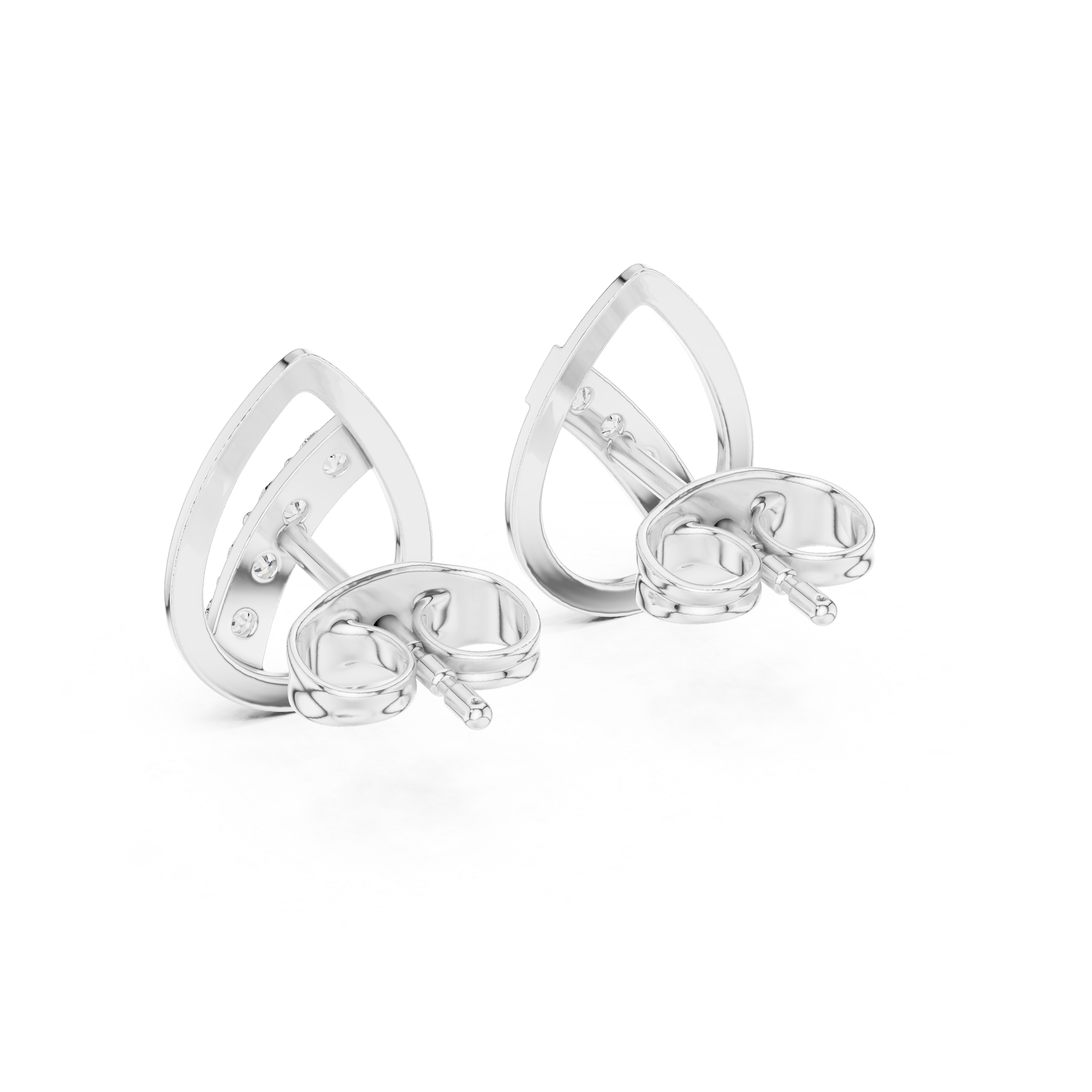 Open teardrop frame stud earrings with a diagonal pavé-set crossbar of round brilliant stones