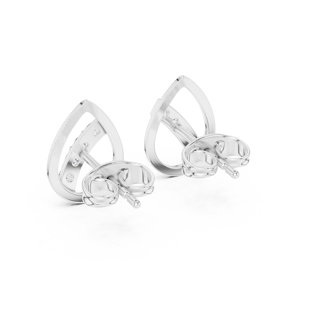 Open teardrop frame stud earrings with a diagonal pavé-set crossbar of round brilliant stones